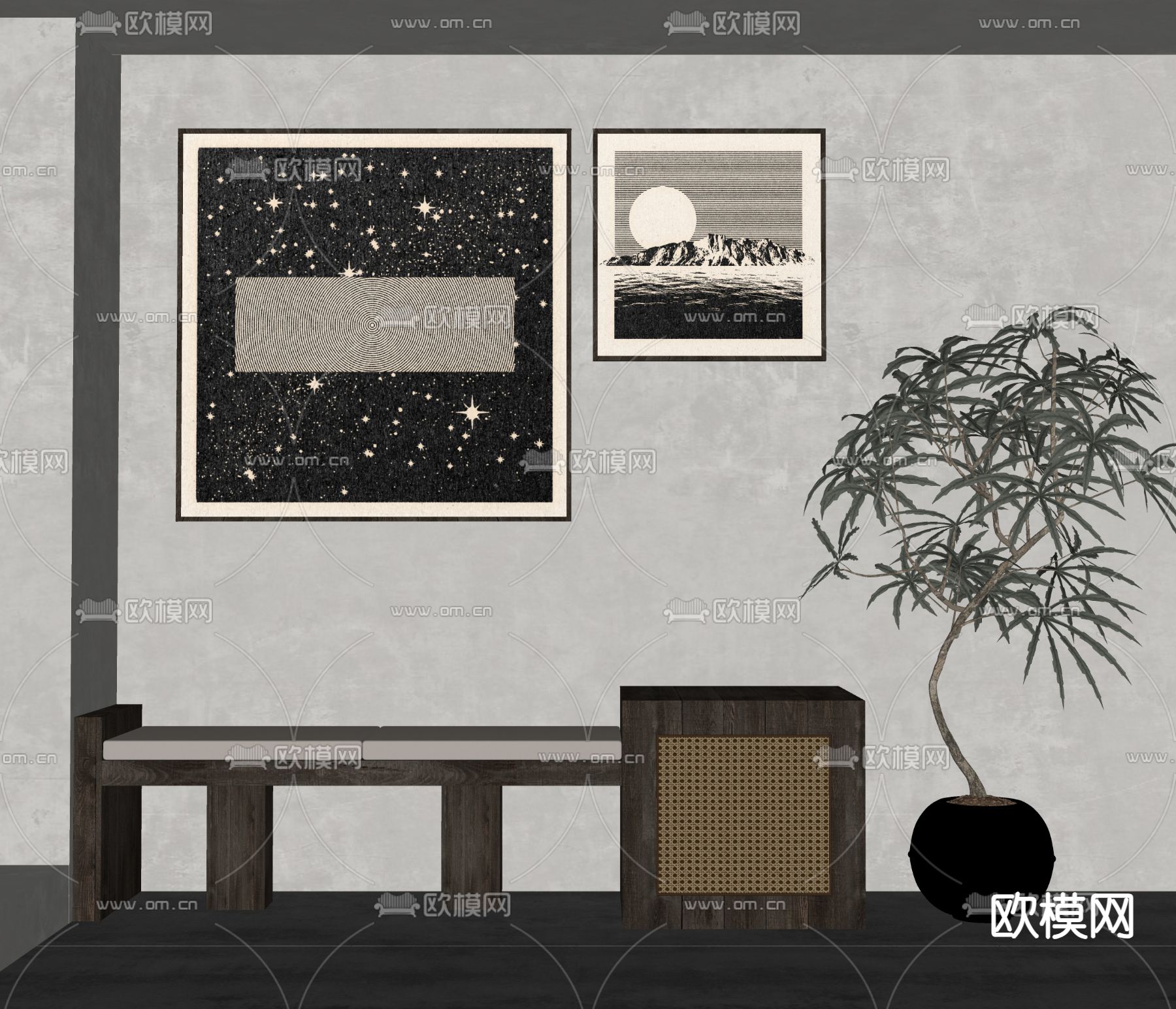 侘寂风装饰画su模型下载（渲染图2）