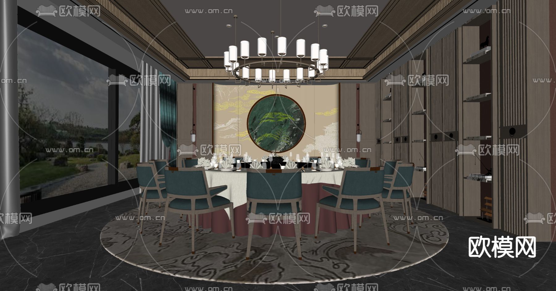 新中式餐厅包间su模型下载（渲染图2）