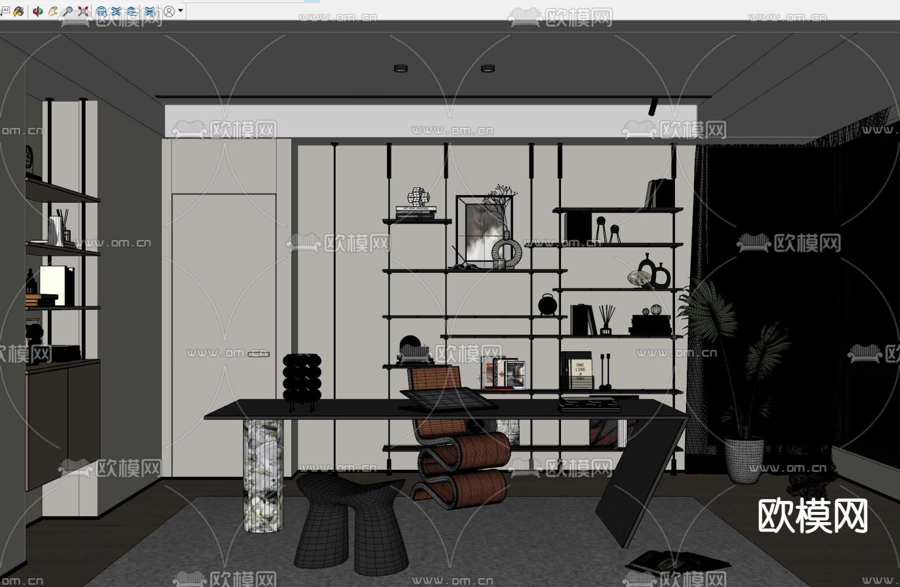 奶油风书房su模型下载（渲染图2）
