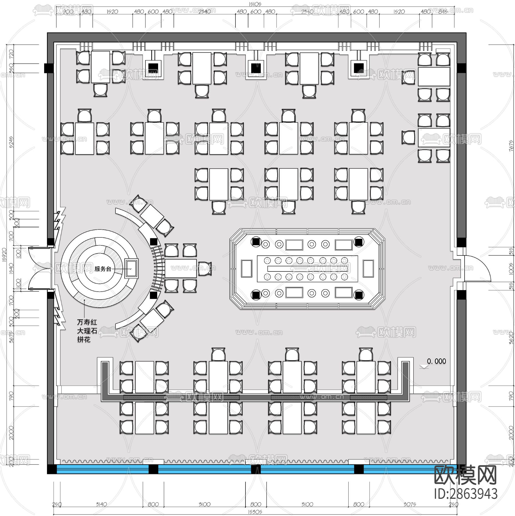 自助餐区CAD平面图下载（渲染图1）