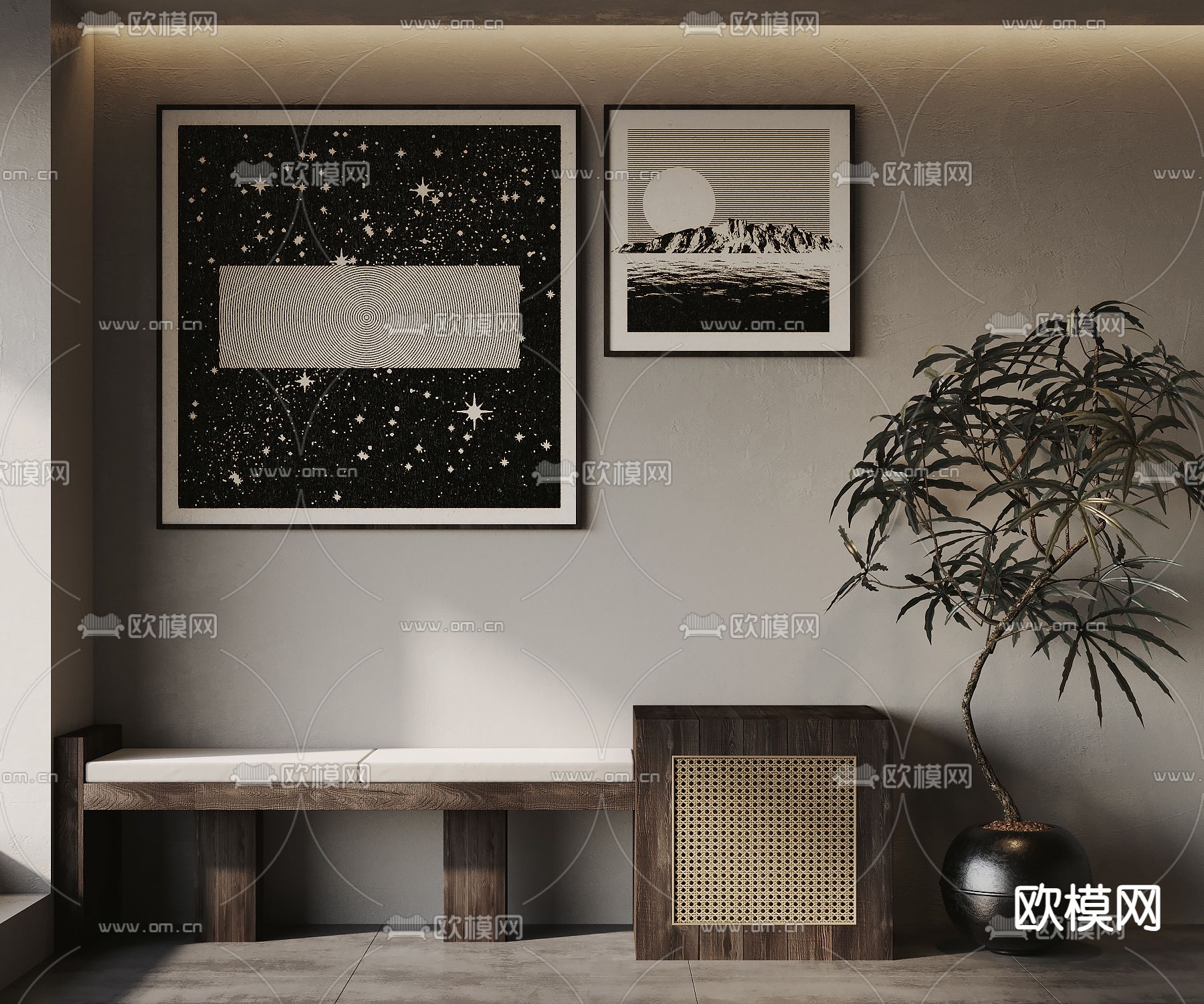 侘寂风装饰画su模型下载（渲染图1）