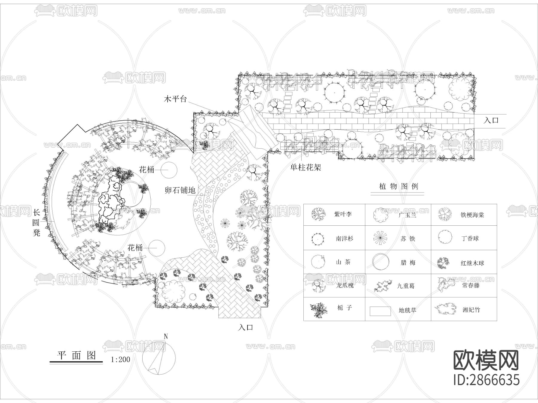 校园屋顶花园设计平面图,园林景观绿化CAD施工图下载