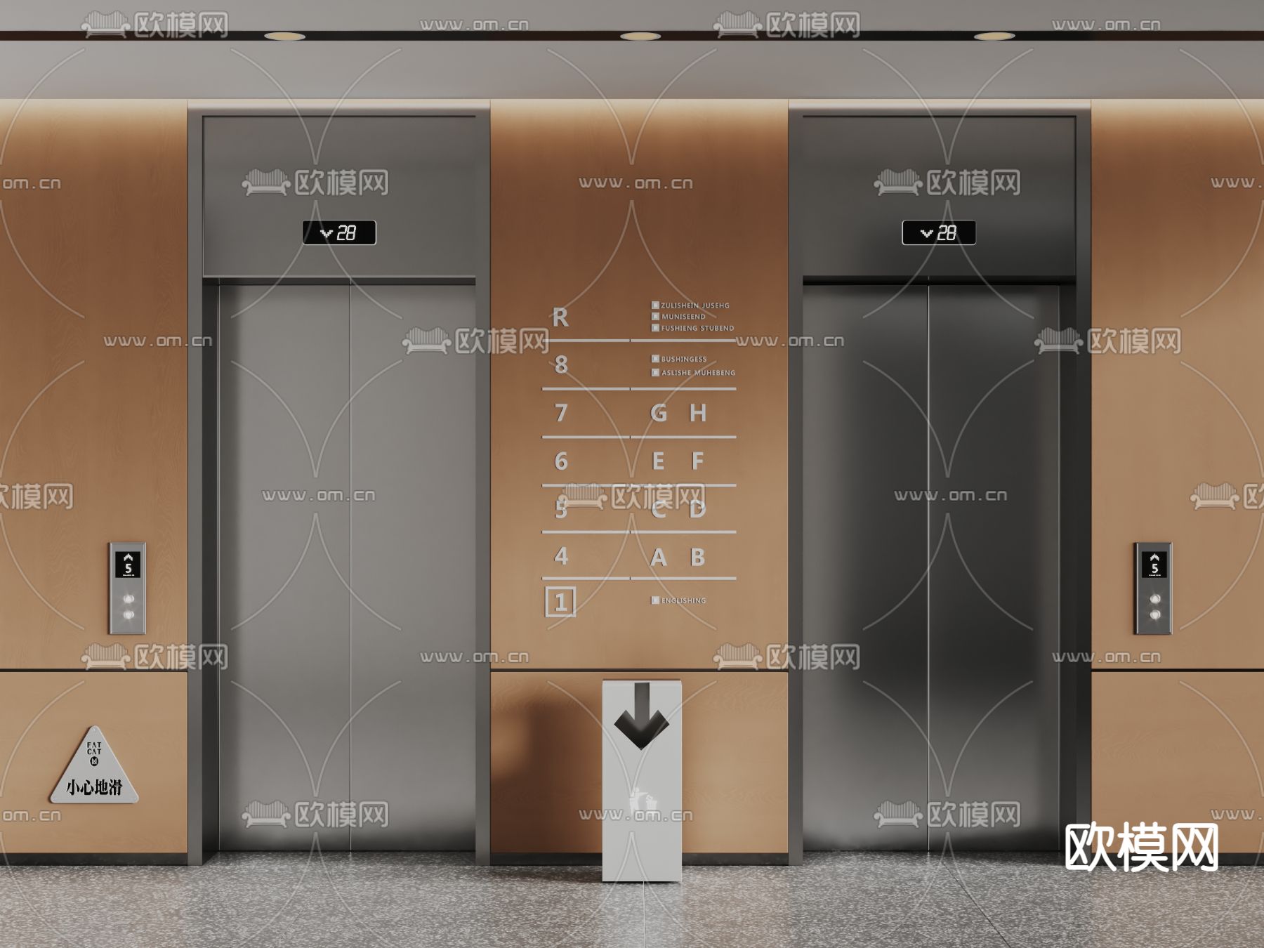现代电梯间 电梯厅su模型下载（渲染图2）