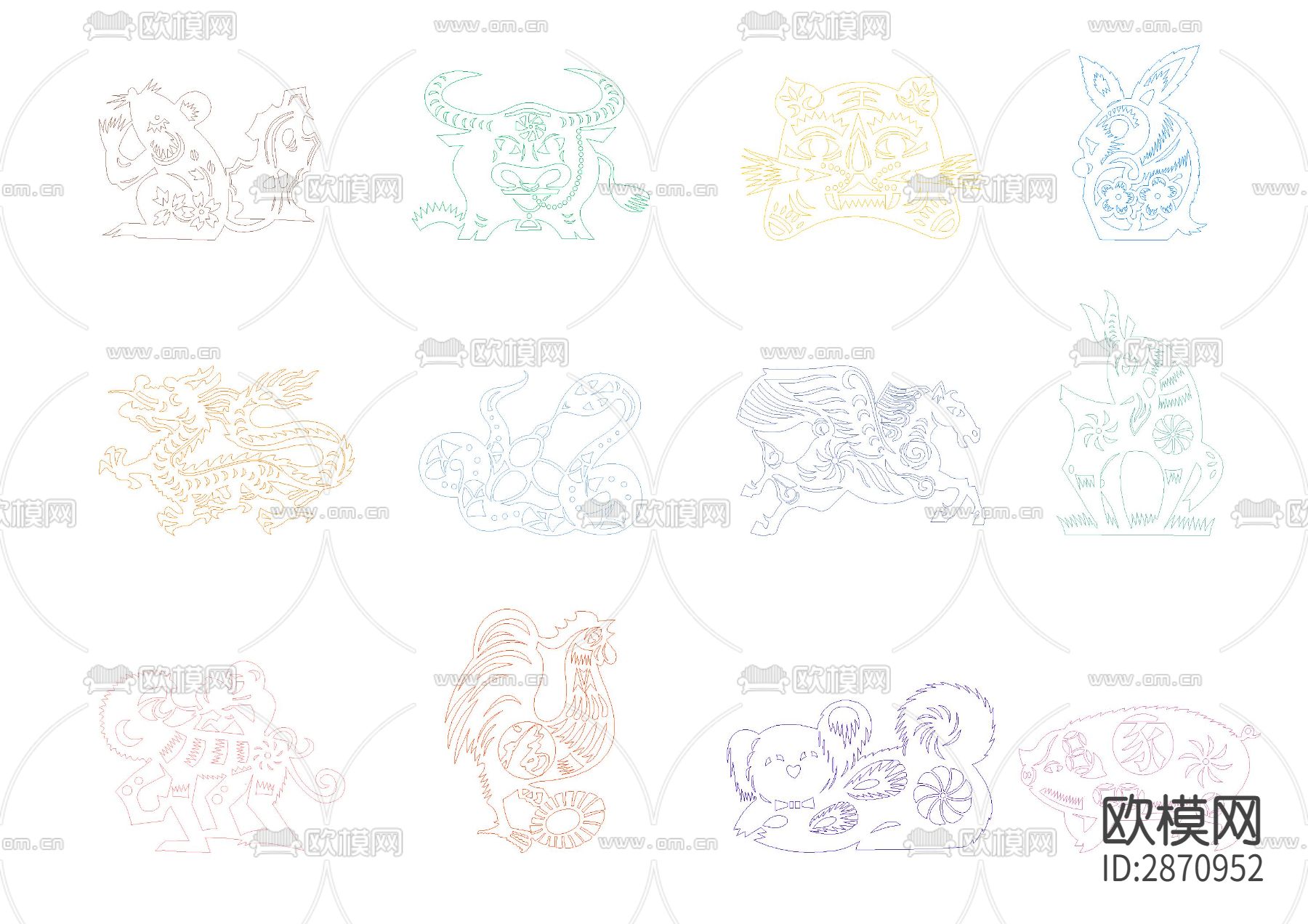 剪纸类十二生肖图块cad图库下载