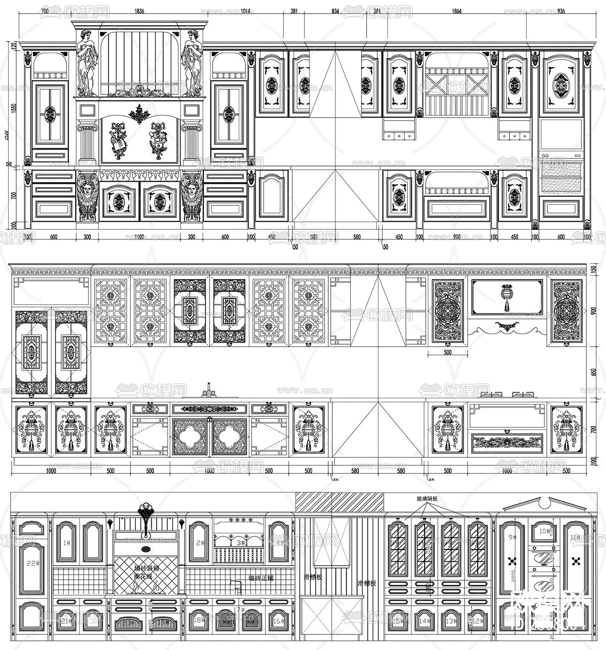 欧式古典风实木橱柜CAD施工图下载（渲染图1）