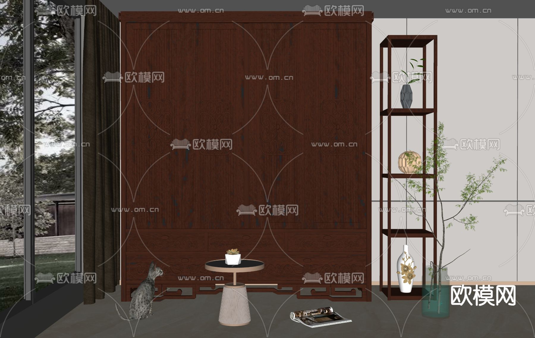 中式雕花衣柜su模型下载（渲染图2）