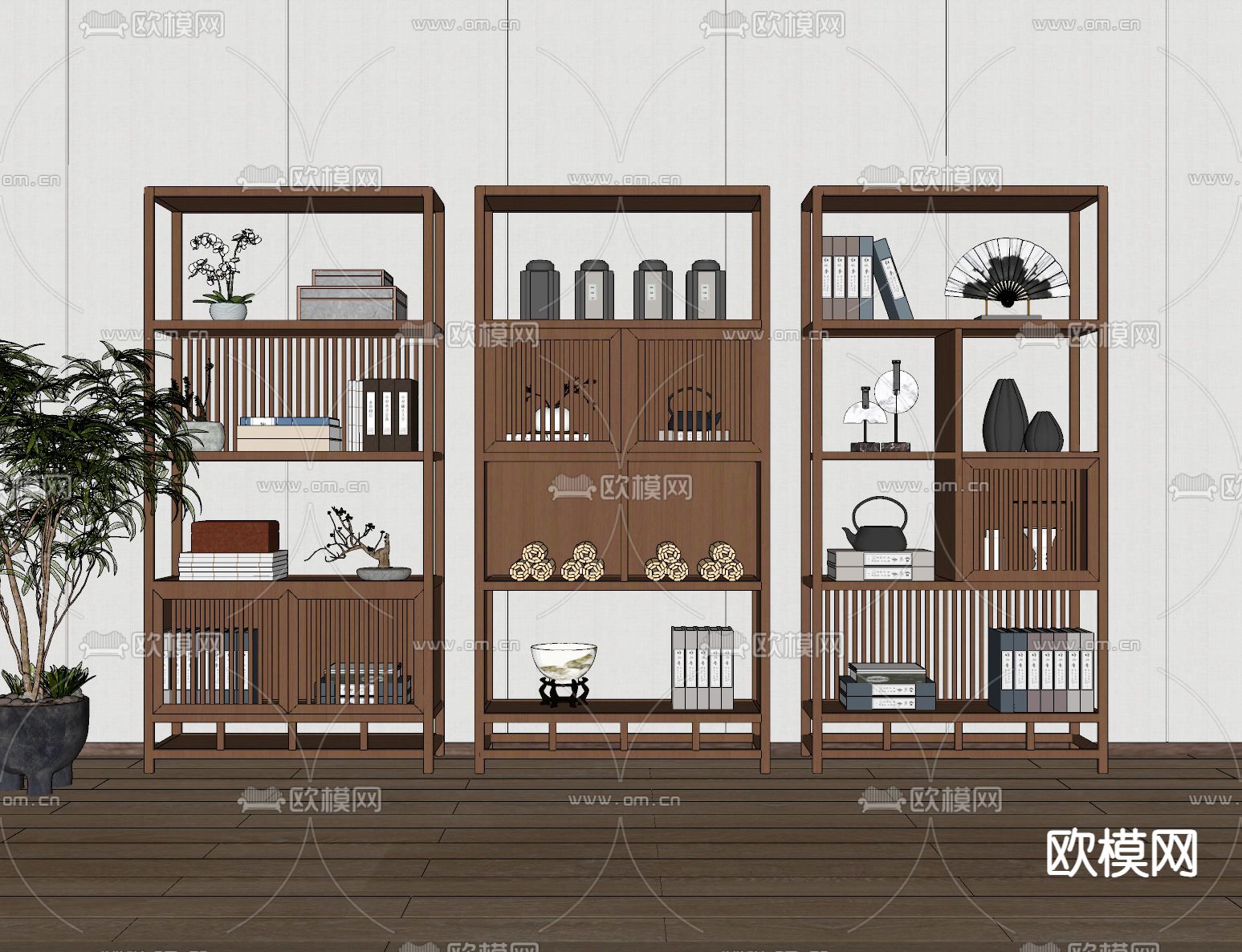 新中式博古架su模型下载（渲染图2）