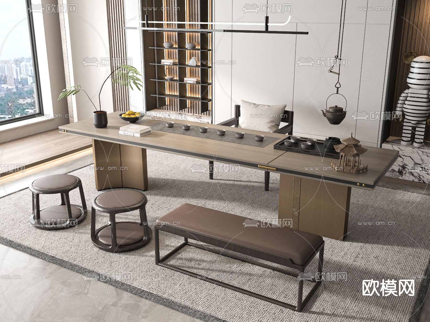 现代茶桌 茶台su模型下载（渲染图1）