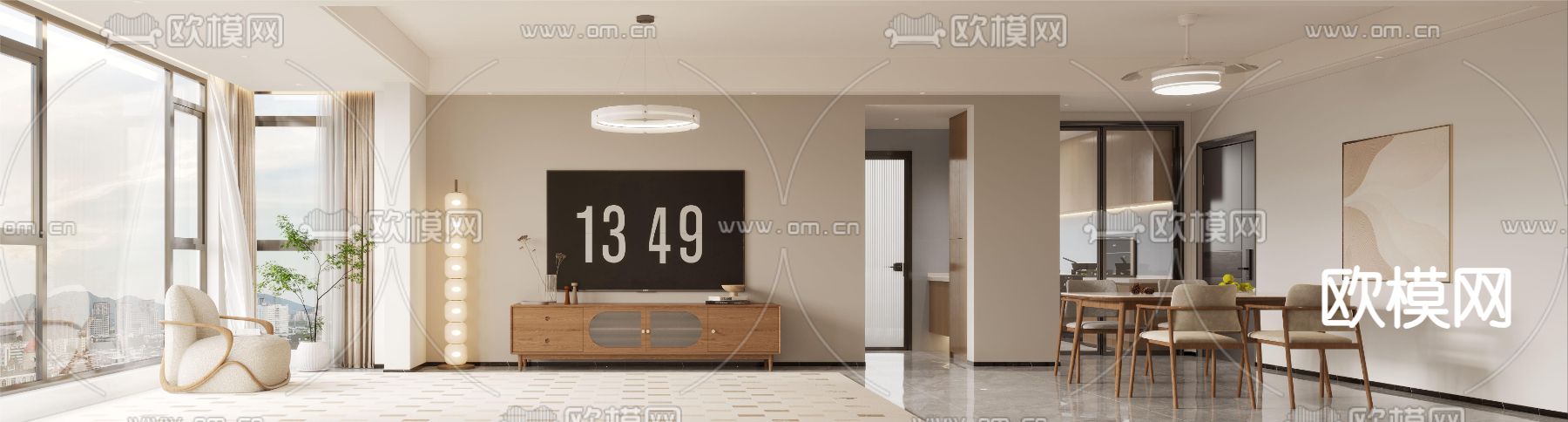 奶油风客厅 餐厅3d模型下载（渲染图2）