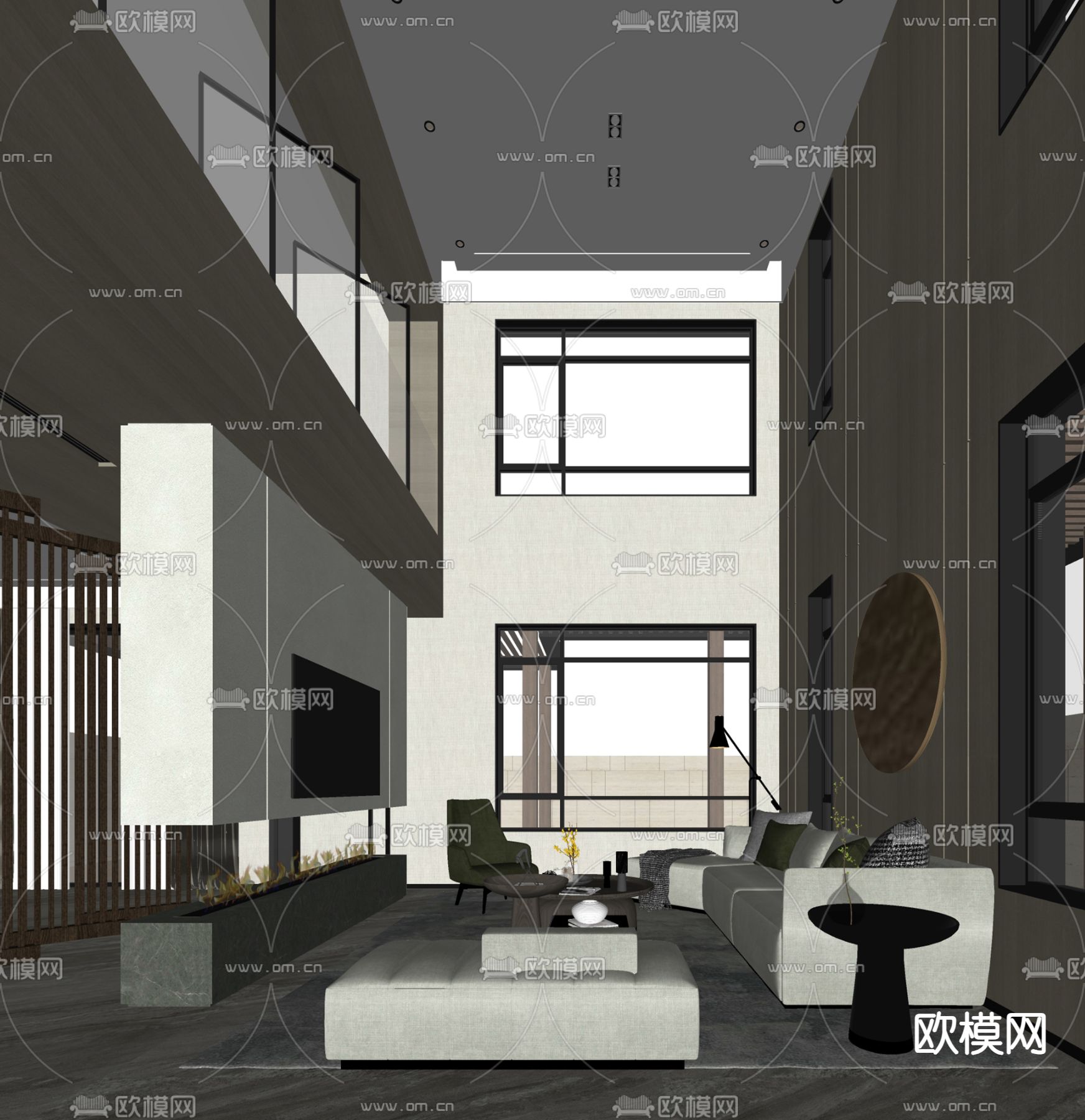 挑空别墅客厅su模型下载（渲染图2）