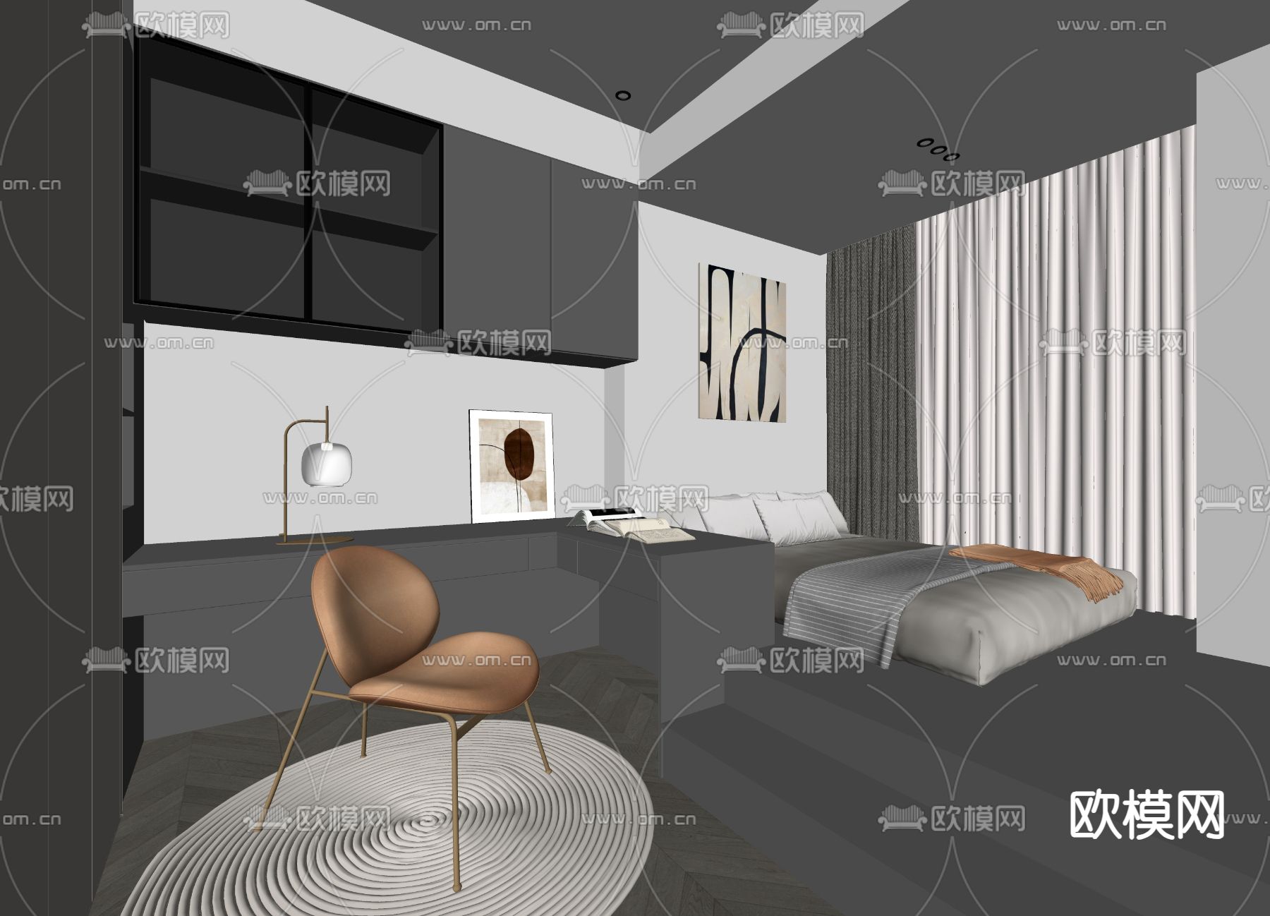 高级灰榻榻米卧室su模型下载（渲染图2）