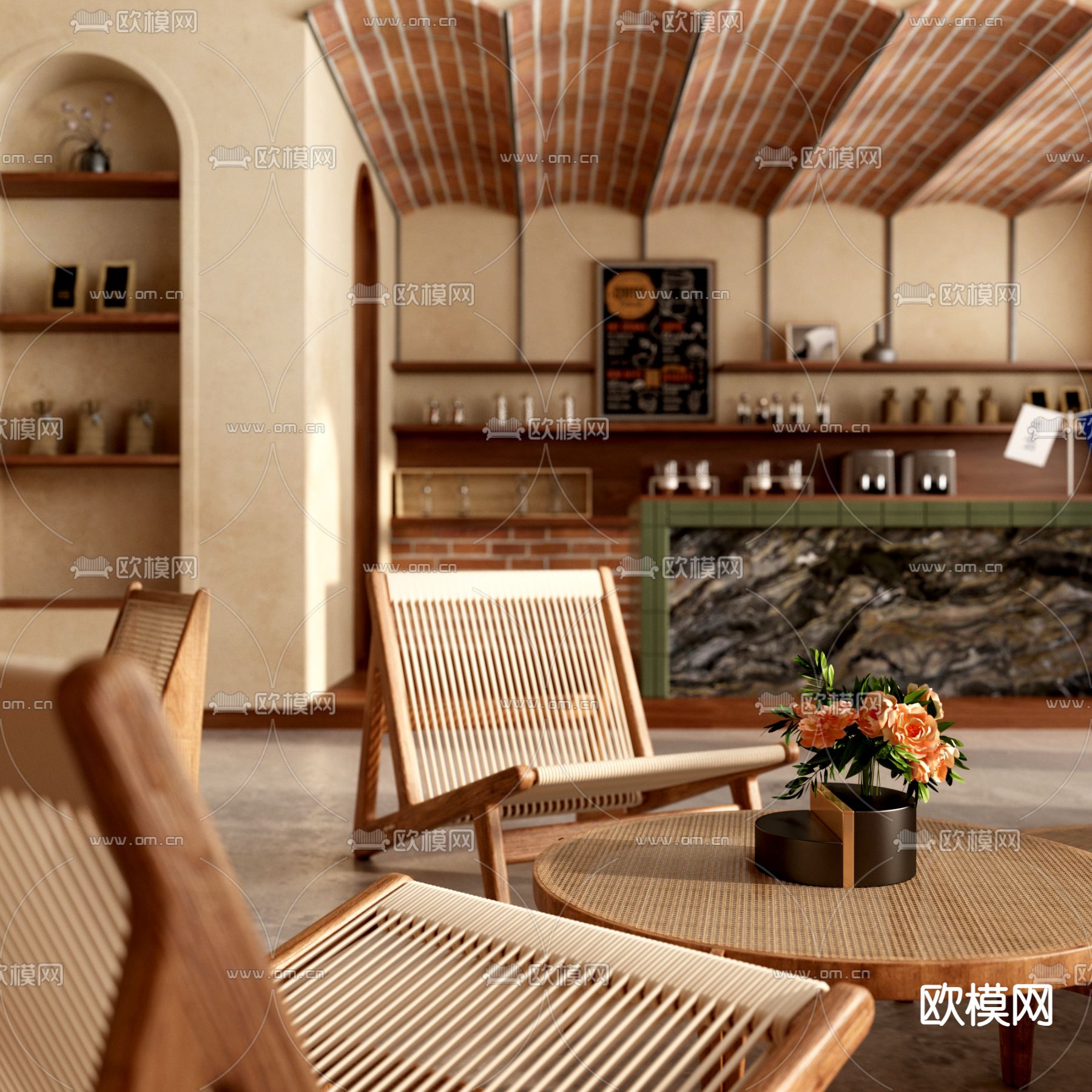 侘寂风咖啡厅3d模型下载（渲染图2）