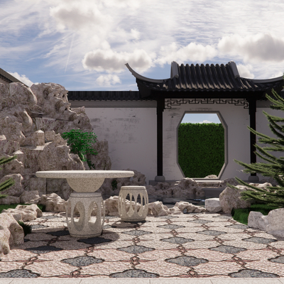  中式庭院景观su模型 