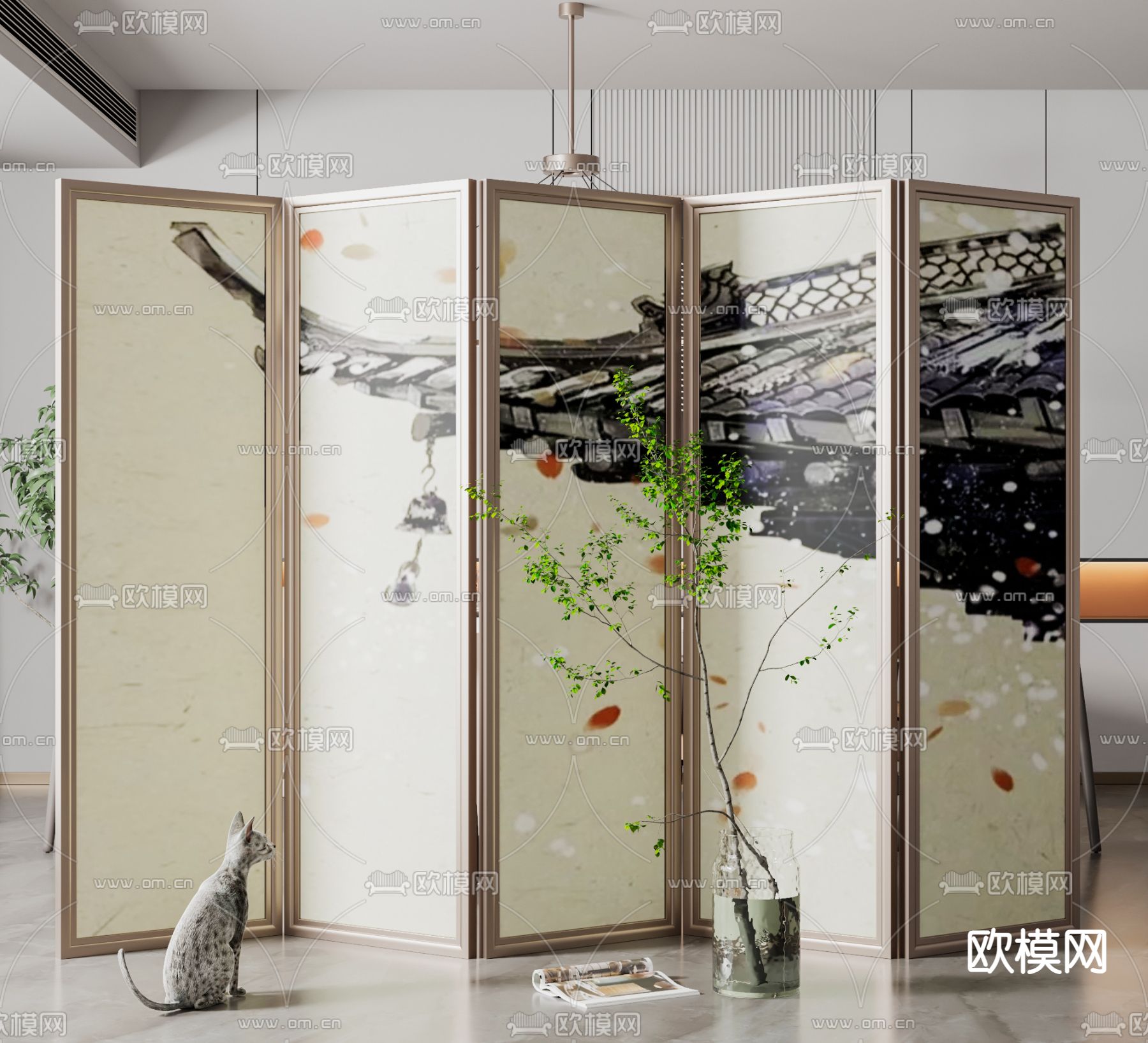 新中式屏风 隔断su模型下载（渲染图1）