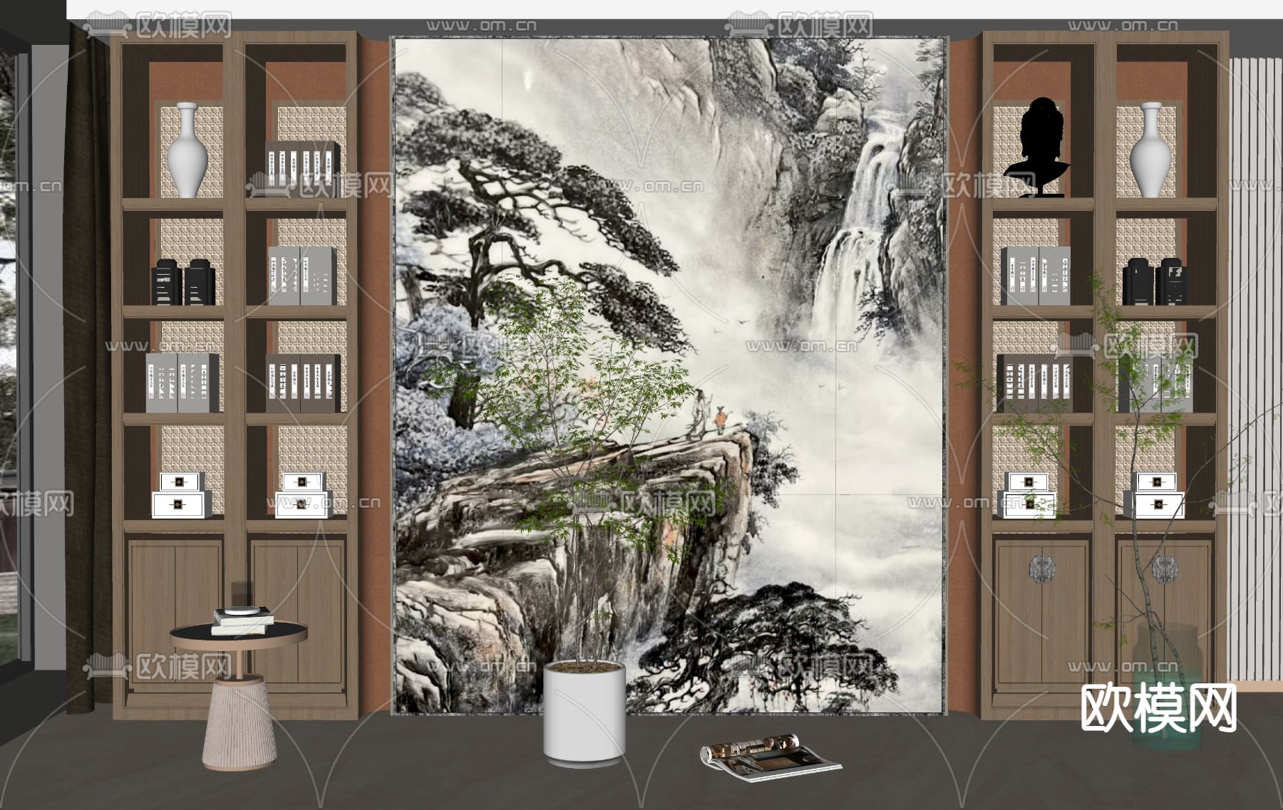 新中式装饰柜 背景墙su模型下载（渲染图2）