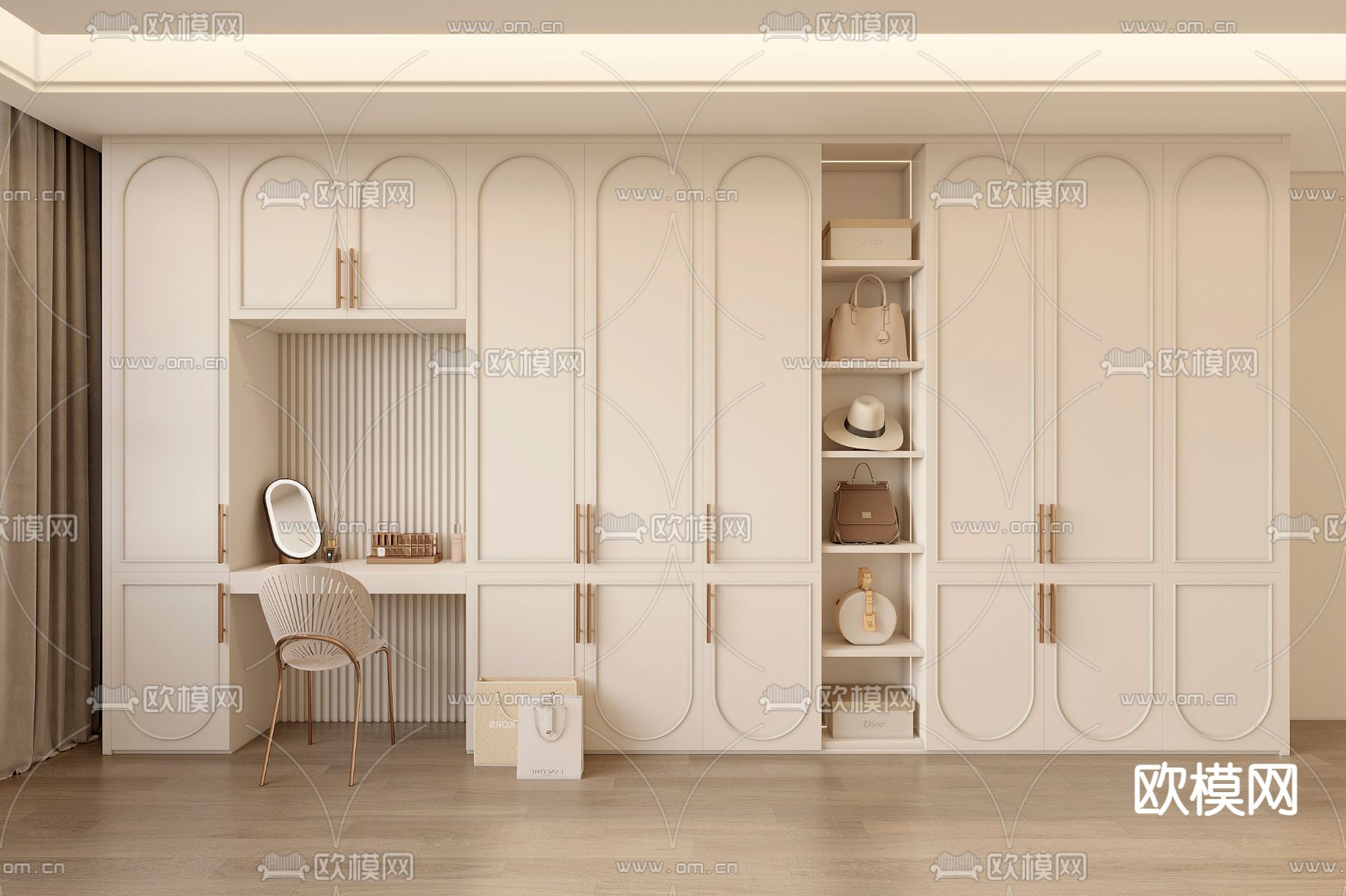奶油风衣柜su模型下载（渲染图1）