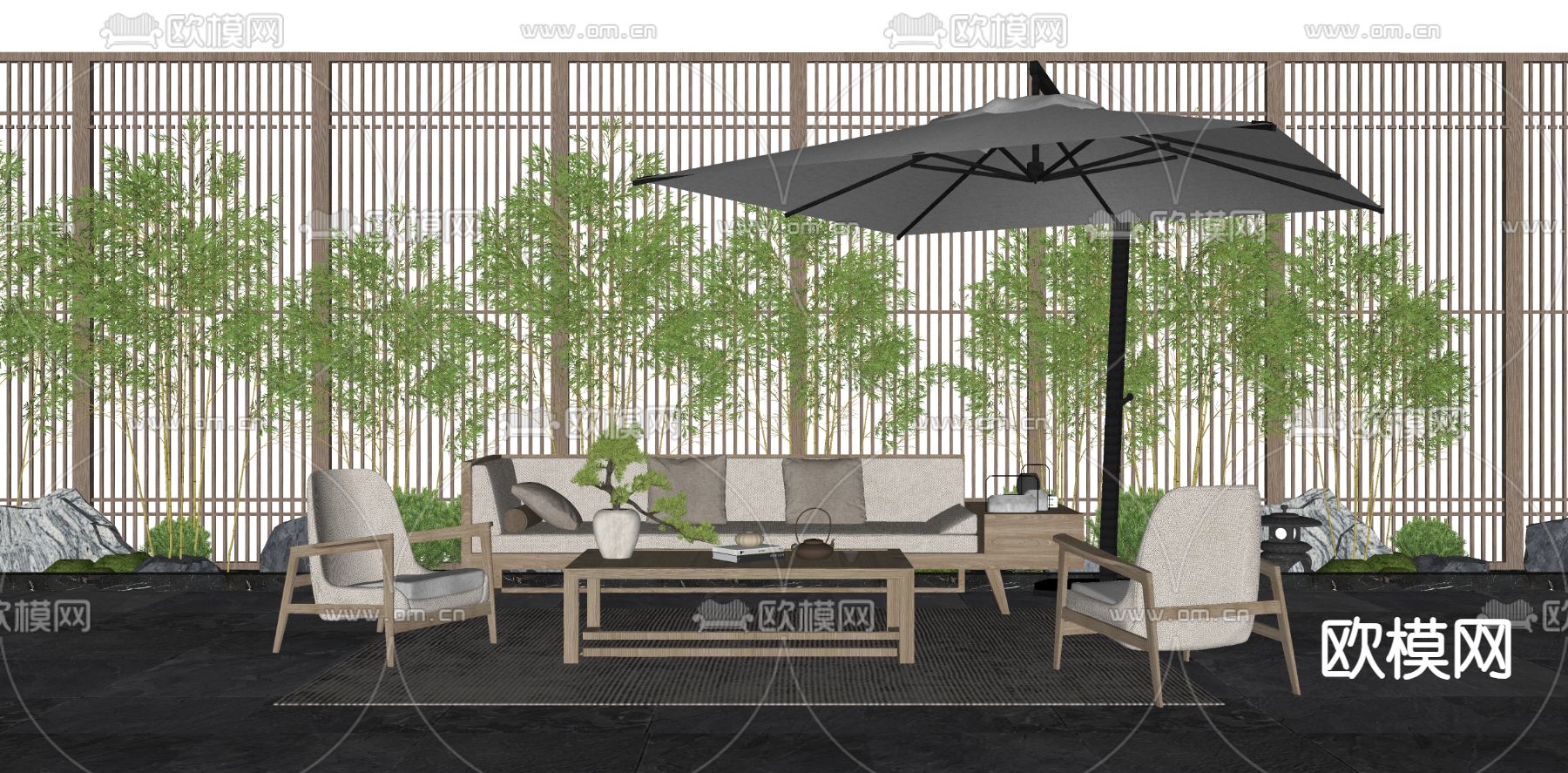 新中式户外沙发su模型下载（渲染图2）
