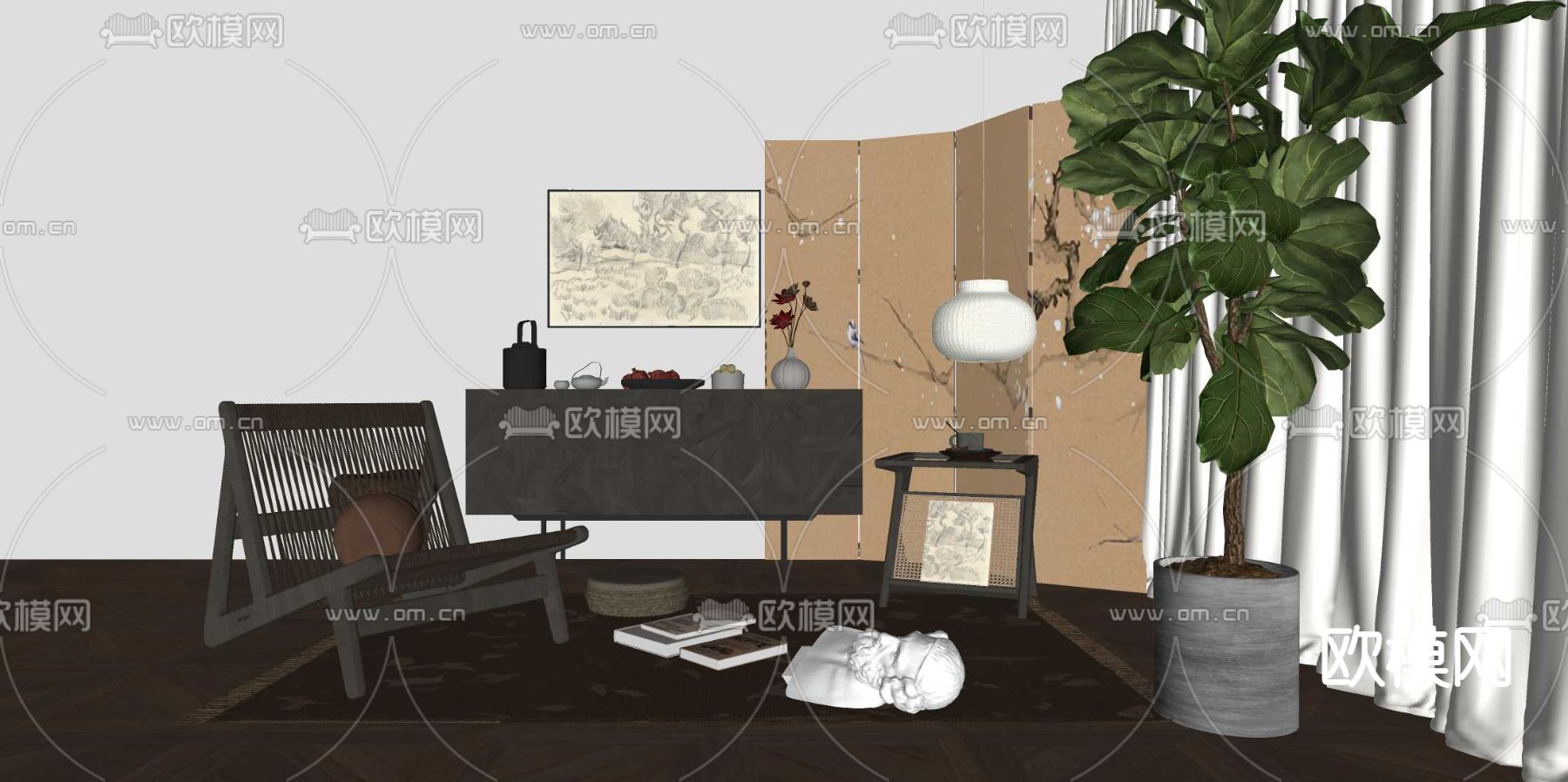 中古风休闲椅 装饰柜su模型下载（渲染图2）