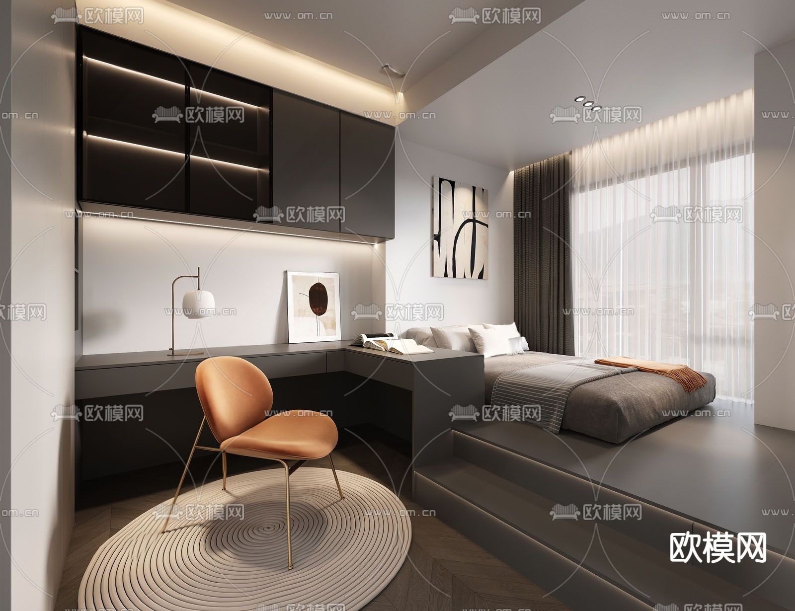 高级灰榻榻米卧室su模型下载（渲染图1）