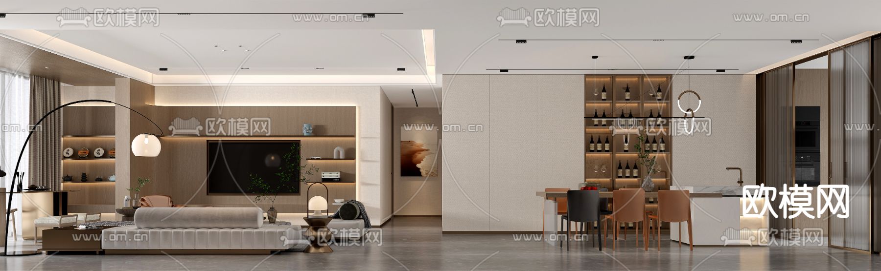 现代客厅 餐厅3d模型下载（渲染图2）