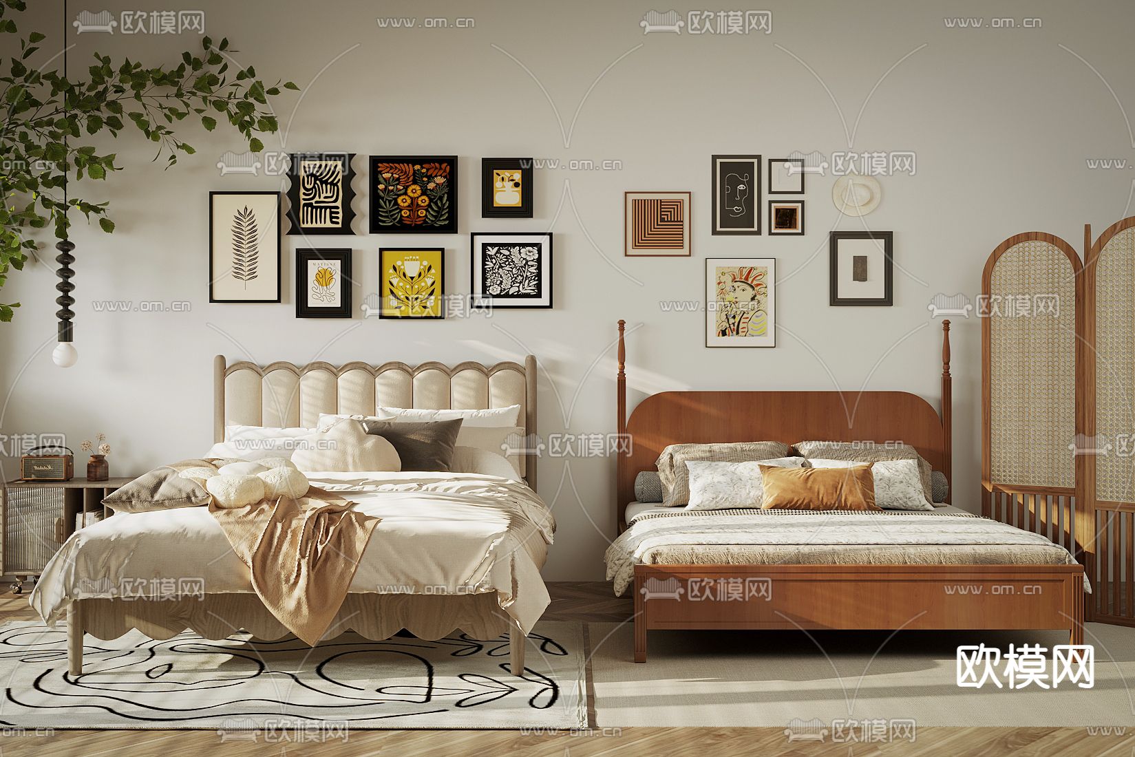 中古风双人床su模型下载（渲染图1）