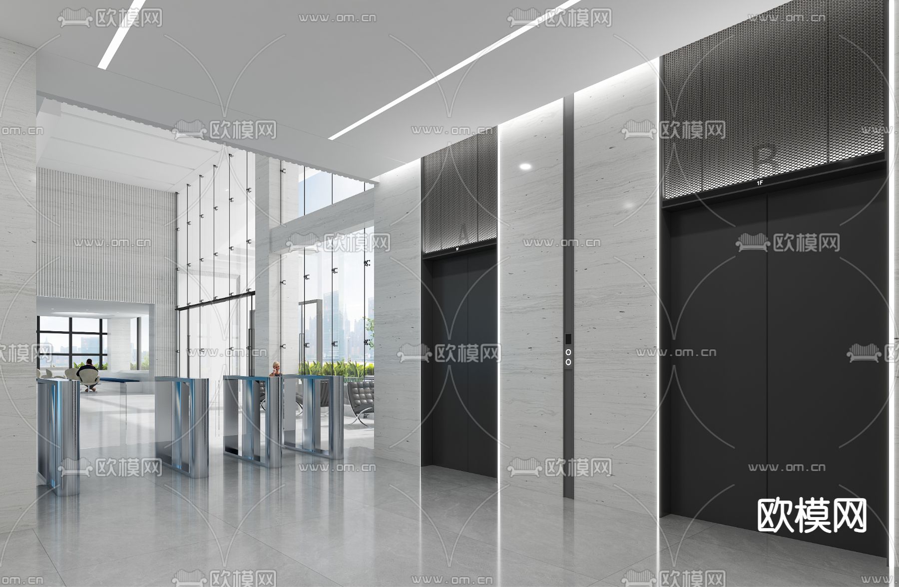 现代电梯厅su模型下载（渲染图1）