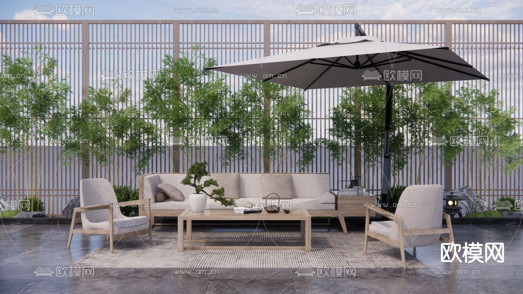 新中式户外沙发su模型下载（渲染图1）