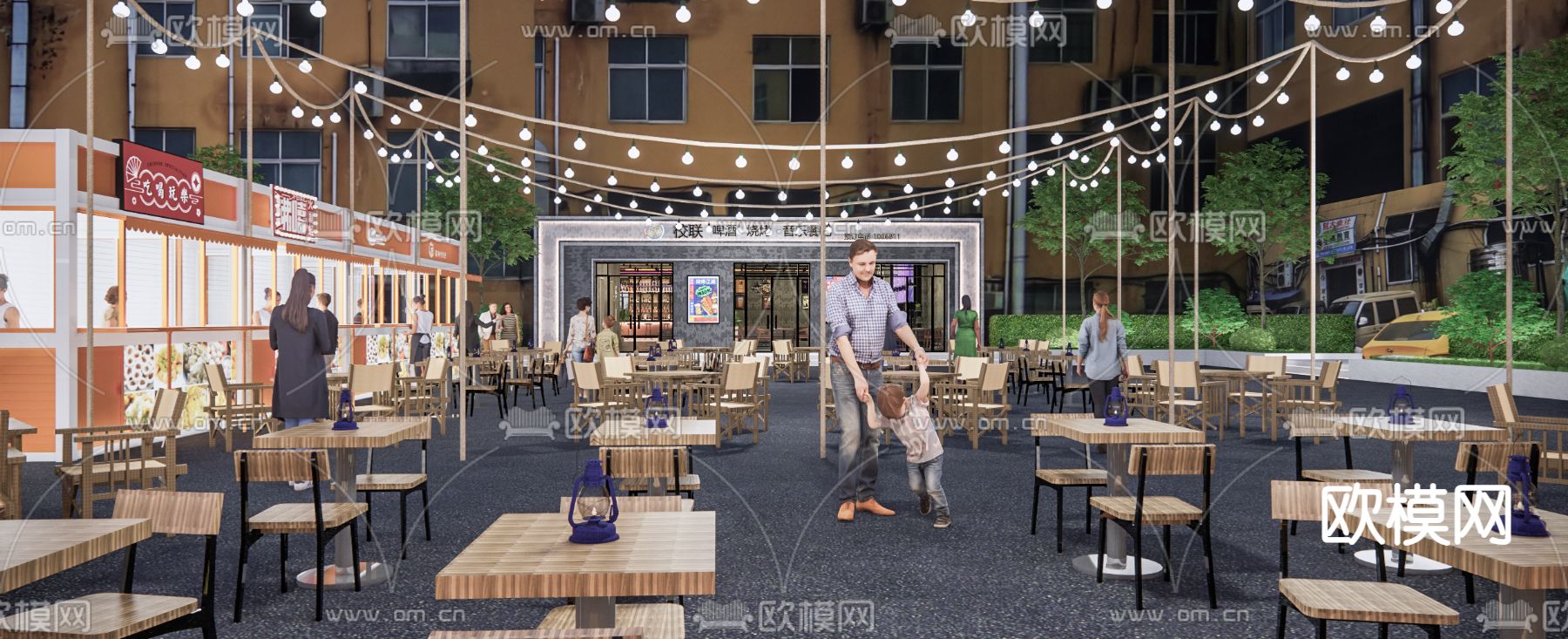 现代商业街 美食街su模型下载（渲染图1）