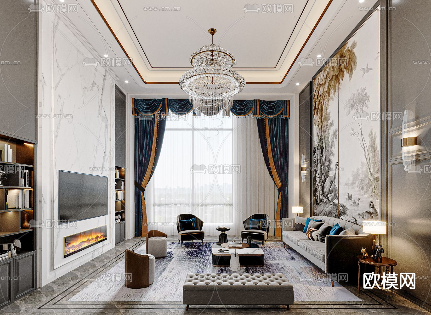 简欧挑空大堂 别墅客厅3d模型下载