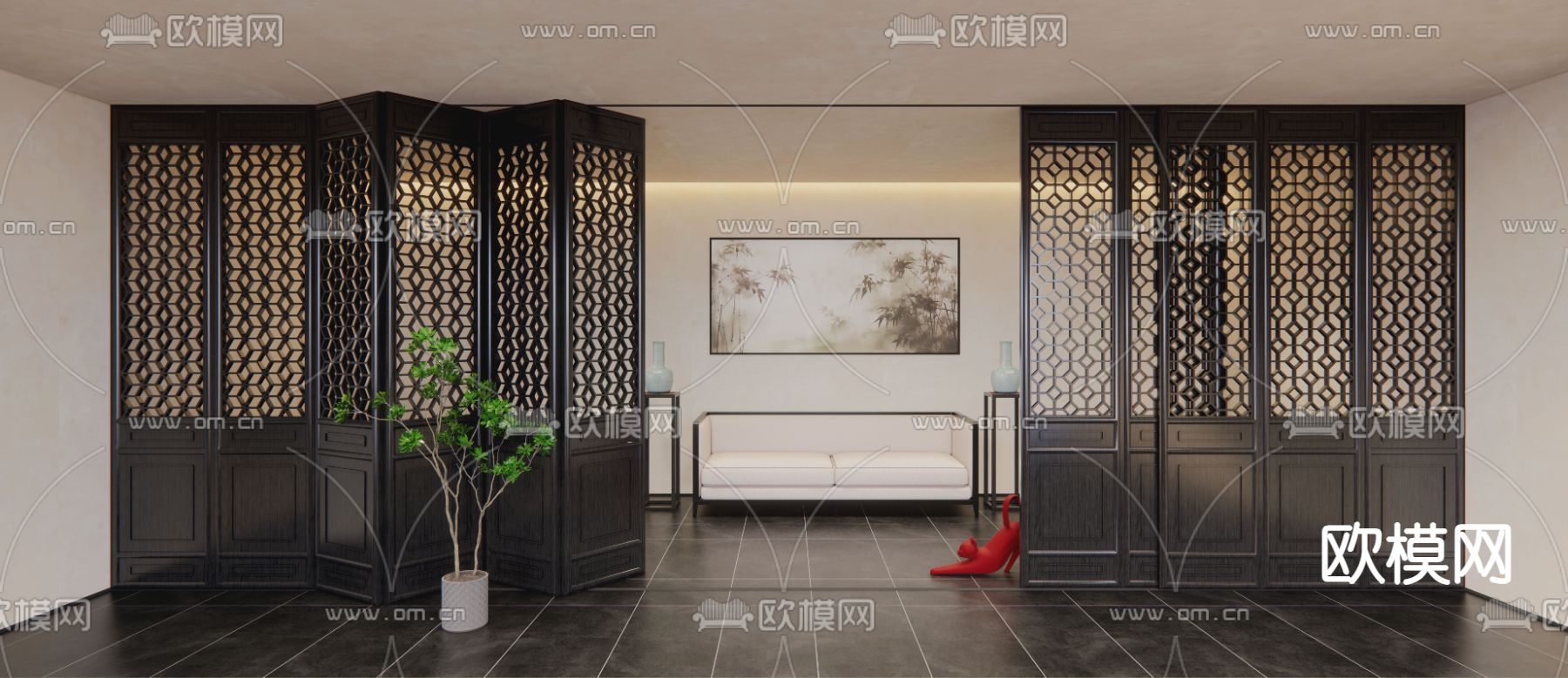 中式屏风隔断su模型下载（渲染图1）