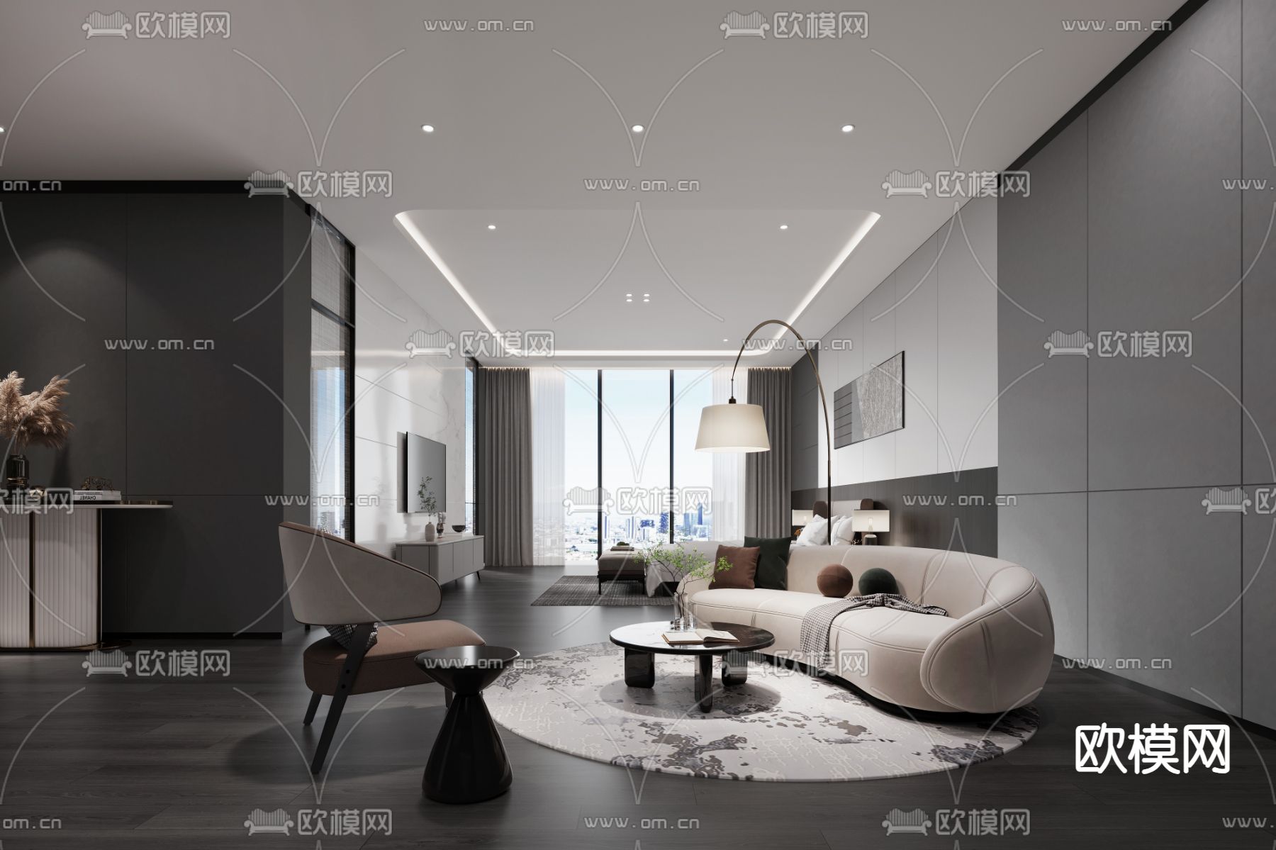 高级灰客房 酒店套间3d模型下载（渲染图1）