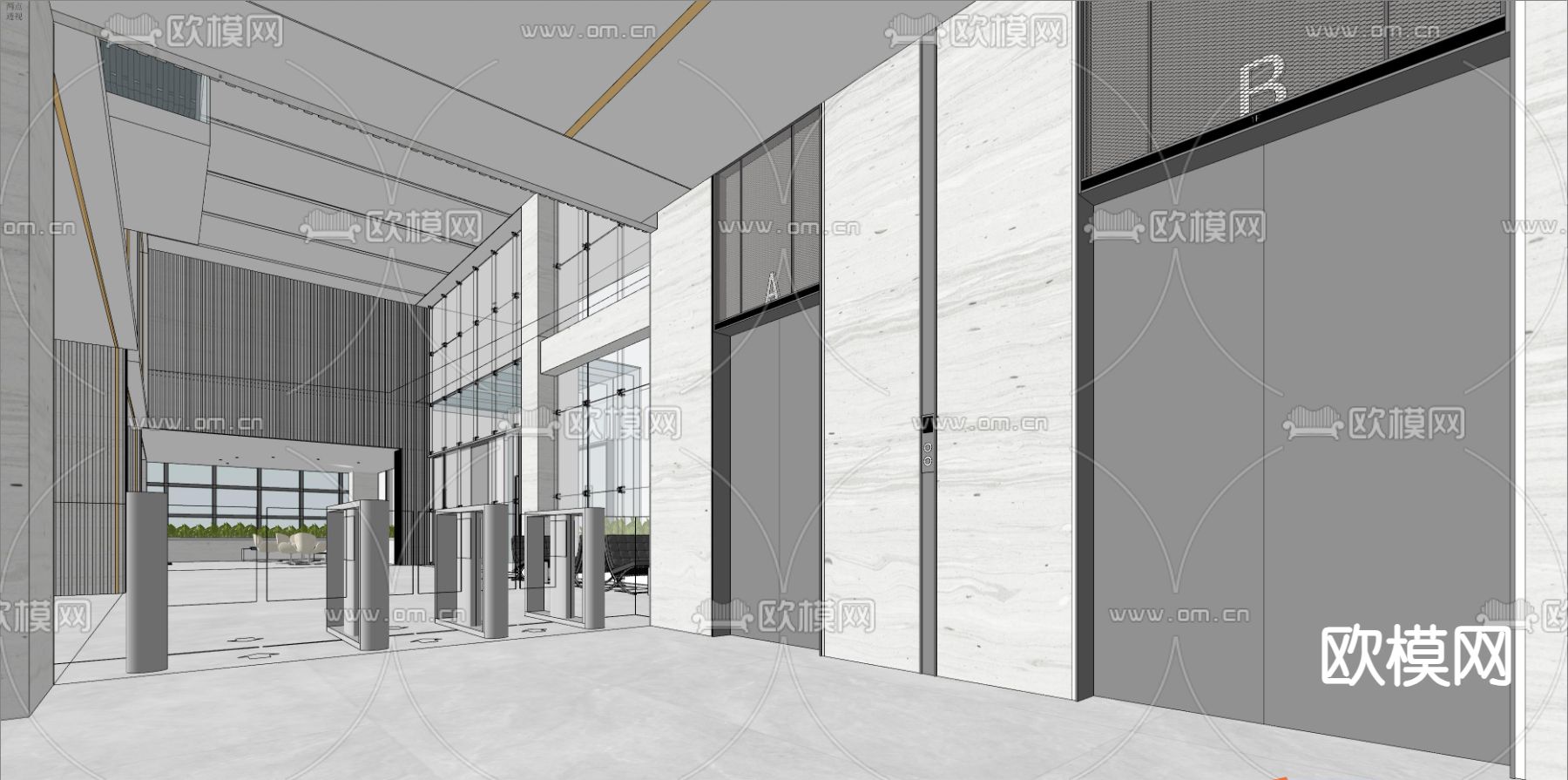 现代电梯厅su模型下载（渲染图2）