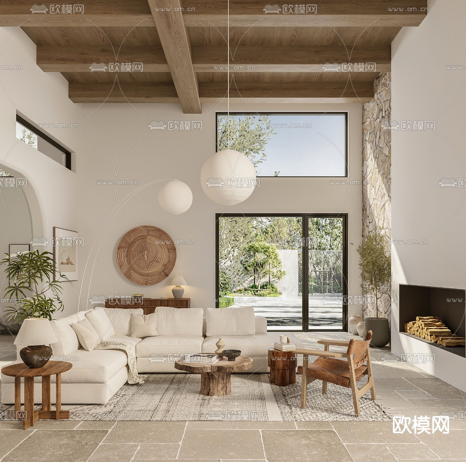 原木风客厅3d模型下载（渲染图1）