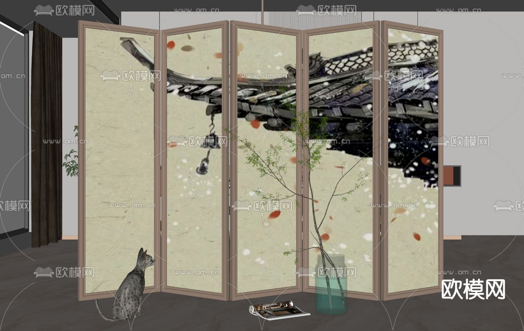 新中式屏风 隔断su模型下载（渲染图2）
