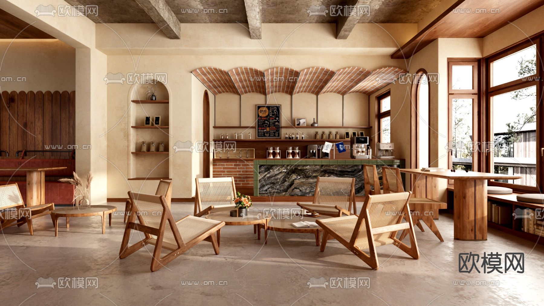 侘寂风咖啡厅3d模型下载（渲染图1）