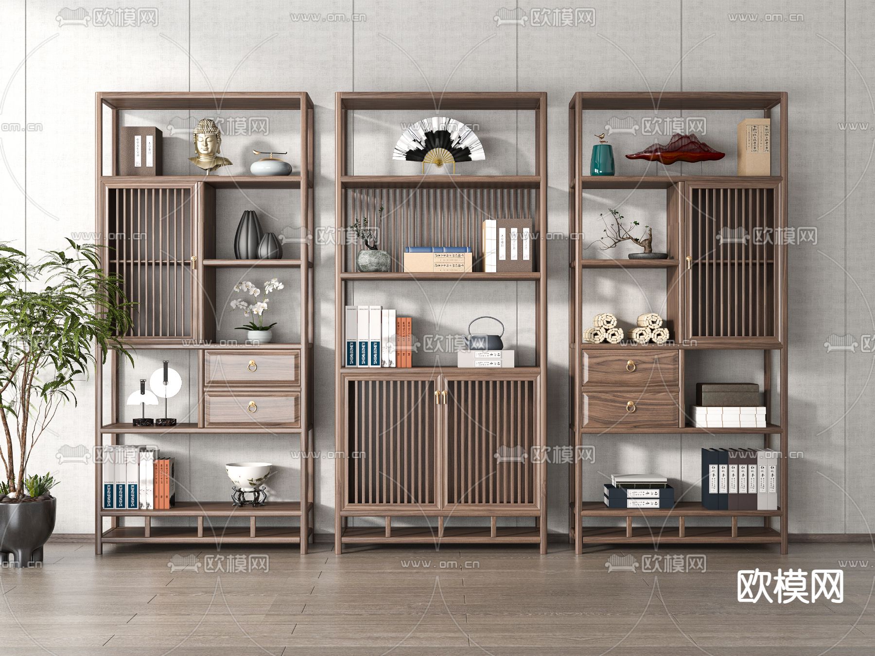 新中式书架 博古架 茶柜 陈列架3d模型下载