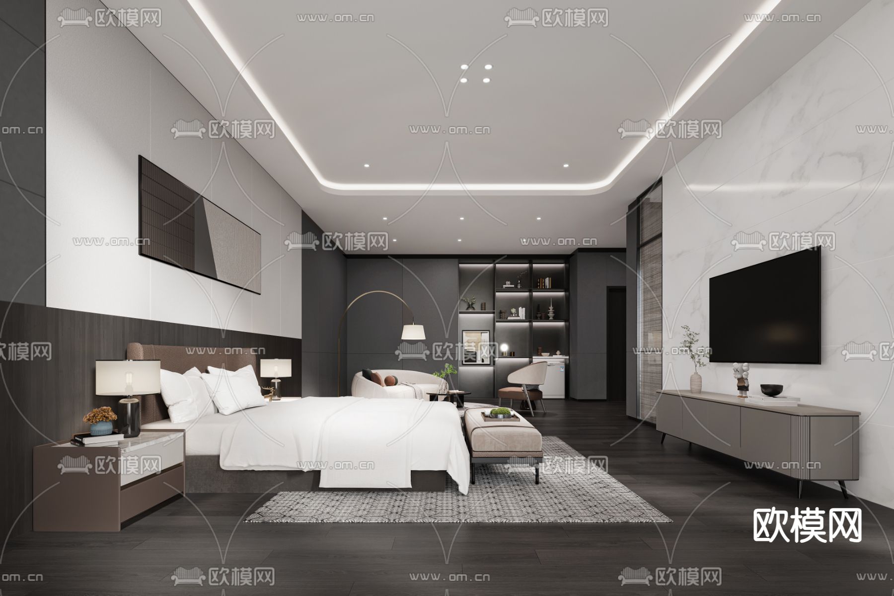 高级灰客房 酒店套间3d模型下载（渲染图2）