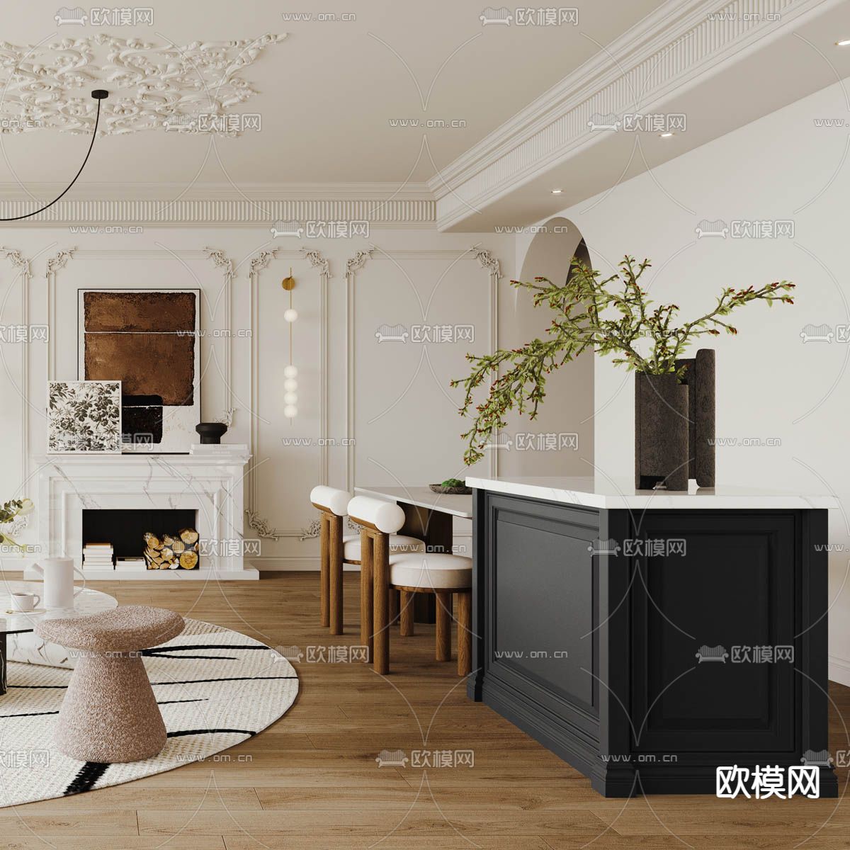 法式客厅 餐厅3d模型下载（渲染图3）