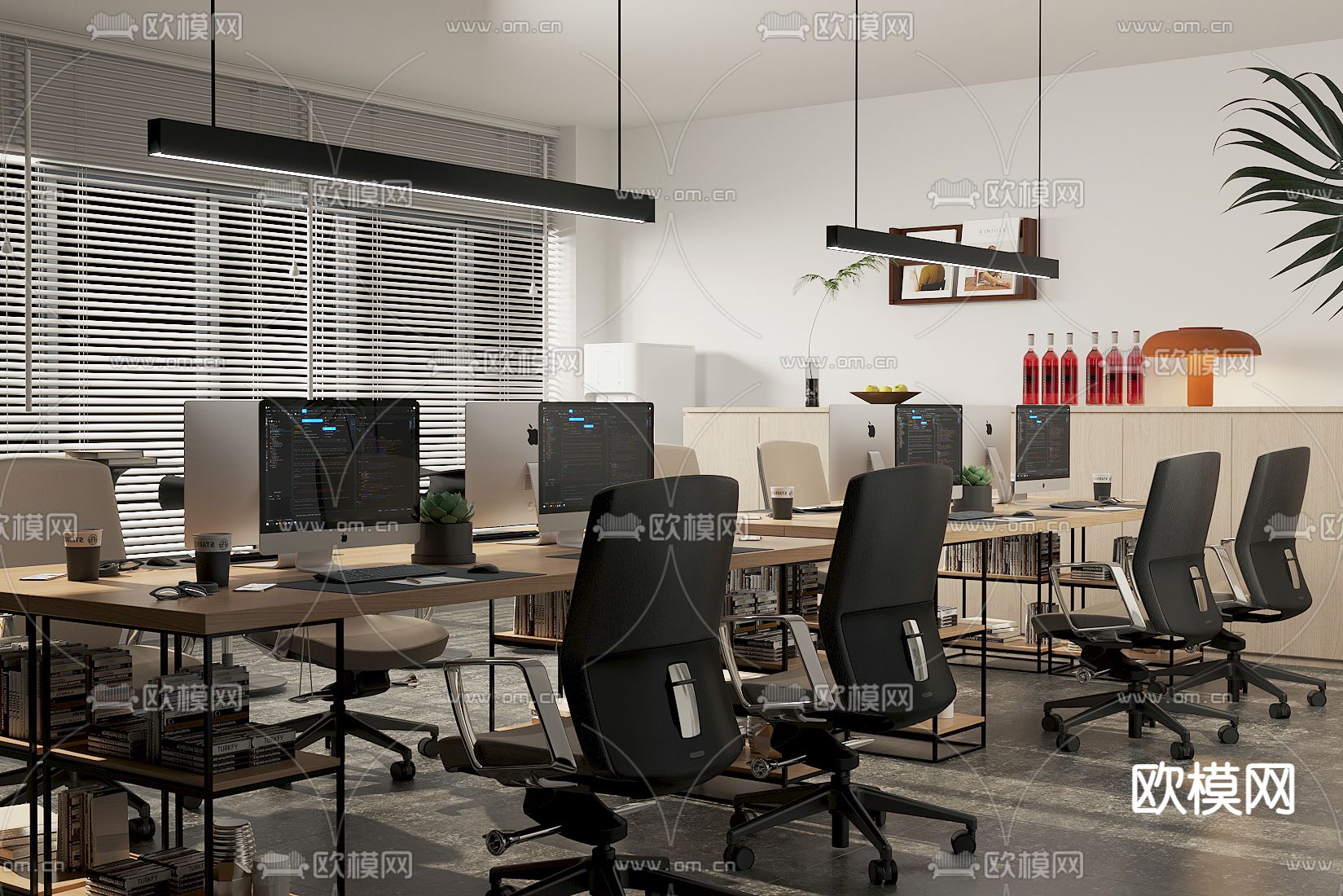 办公桌椅 屏风卡位su模型下载（渲染图2）
