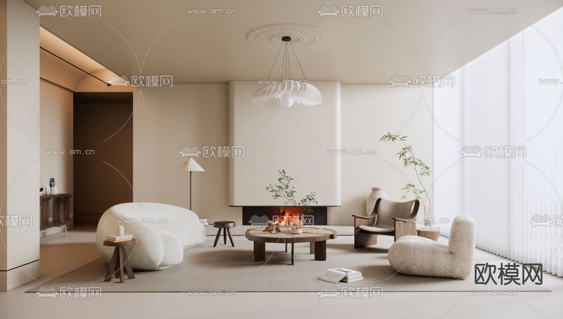 奶油风客厅su模型下载（渲染图1）