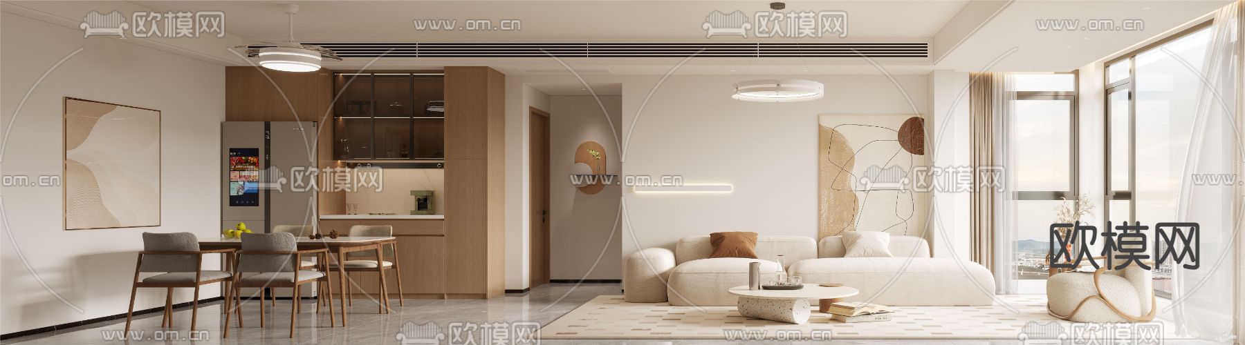 奶油风客厅 餐厅3d模型下载（渲染图1）