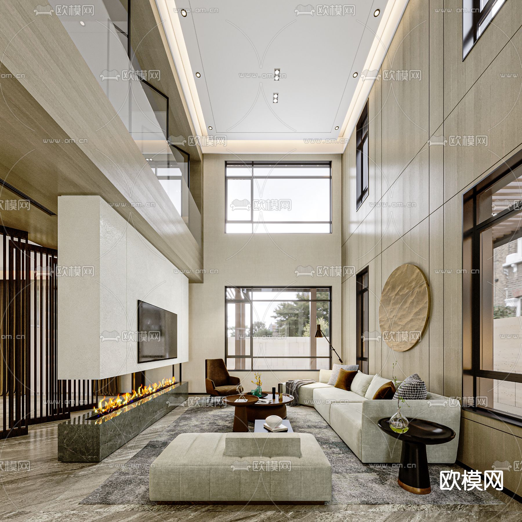 挑空别墅客厅su模型下载（渲染图1）