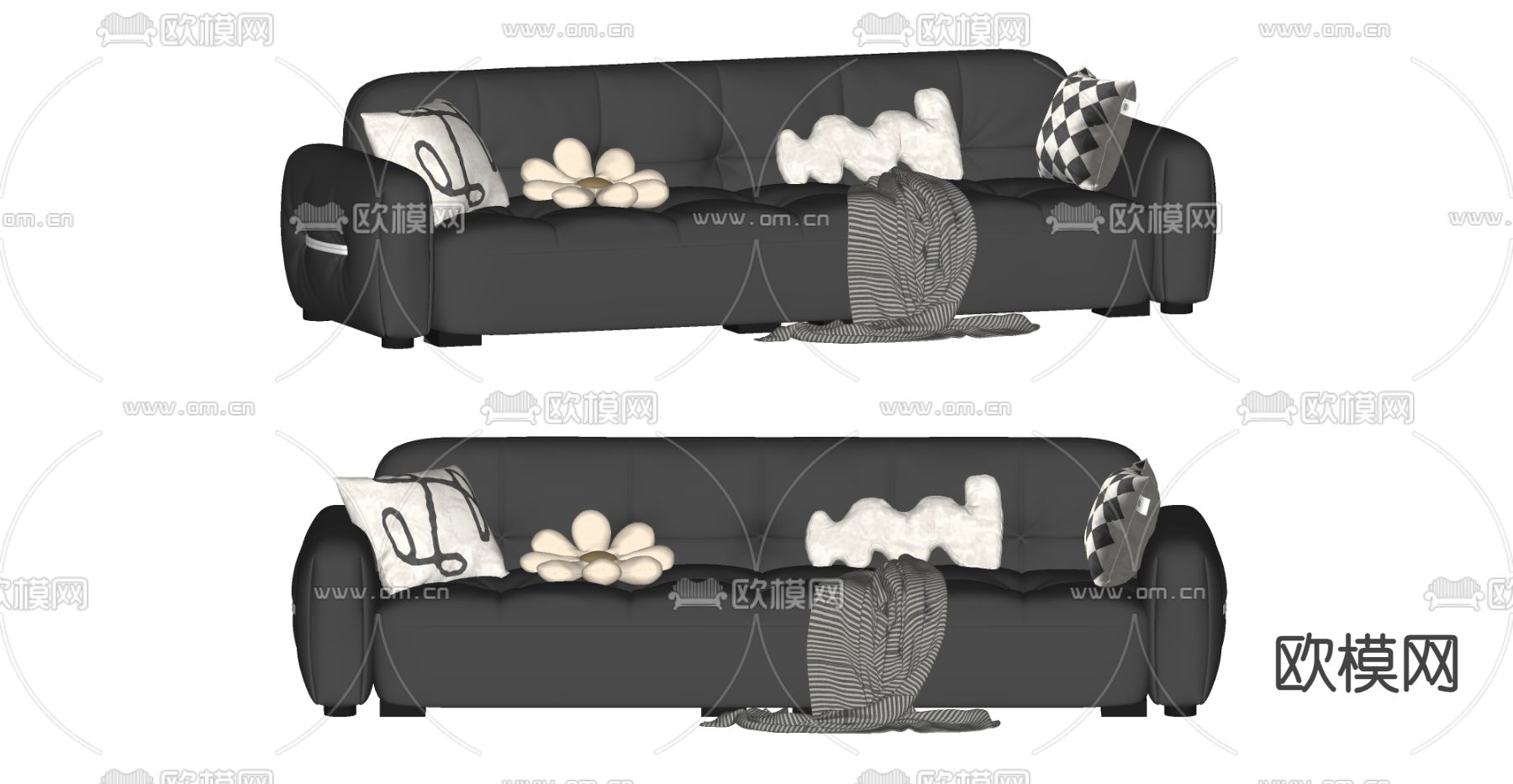 暗黑风多人沙发su模型下载（渲染图2）