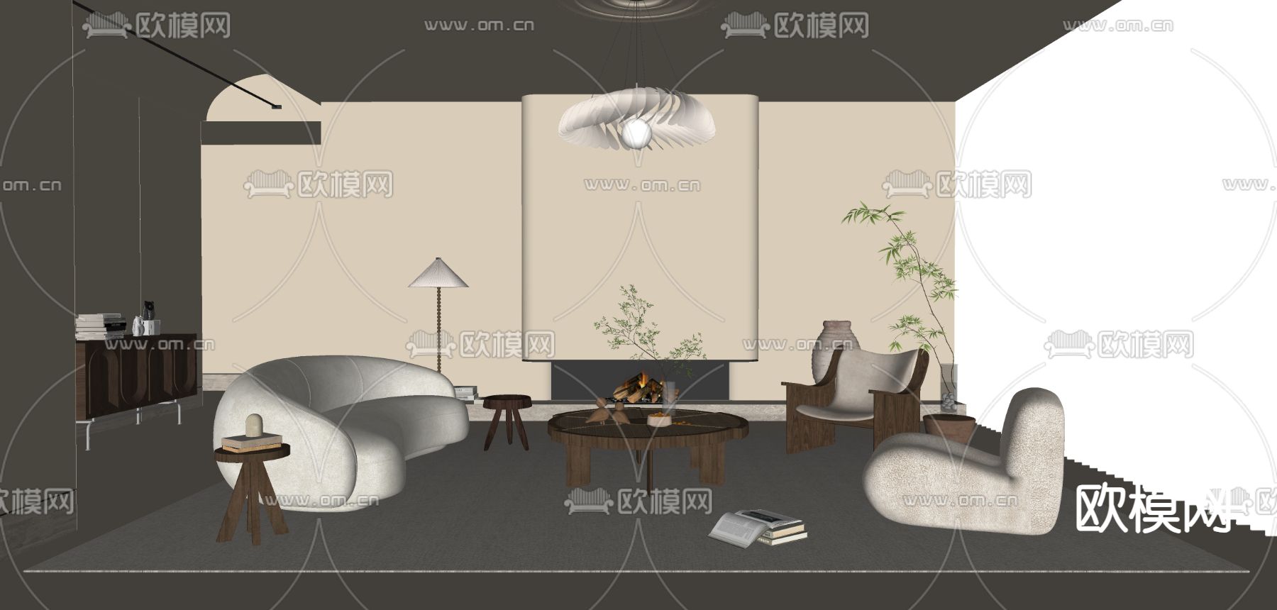 奶油风客厅su模型下载（渲染图2）