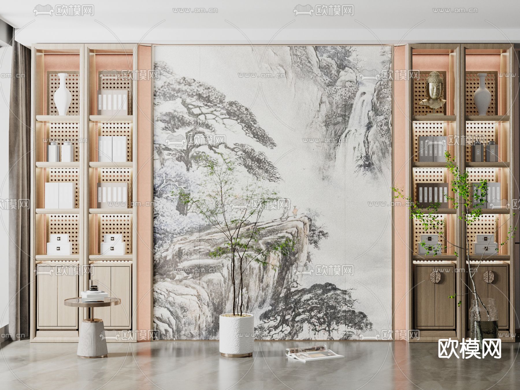新中式装饰柜 背景墙su模型下载（渲染图1）