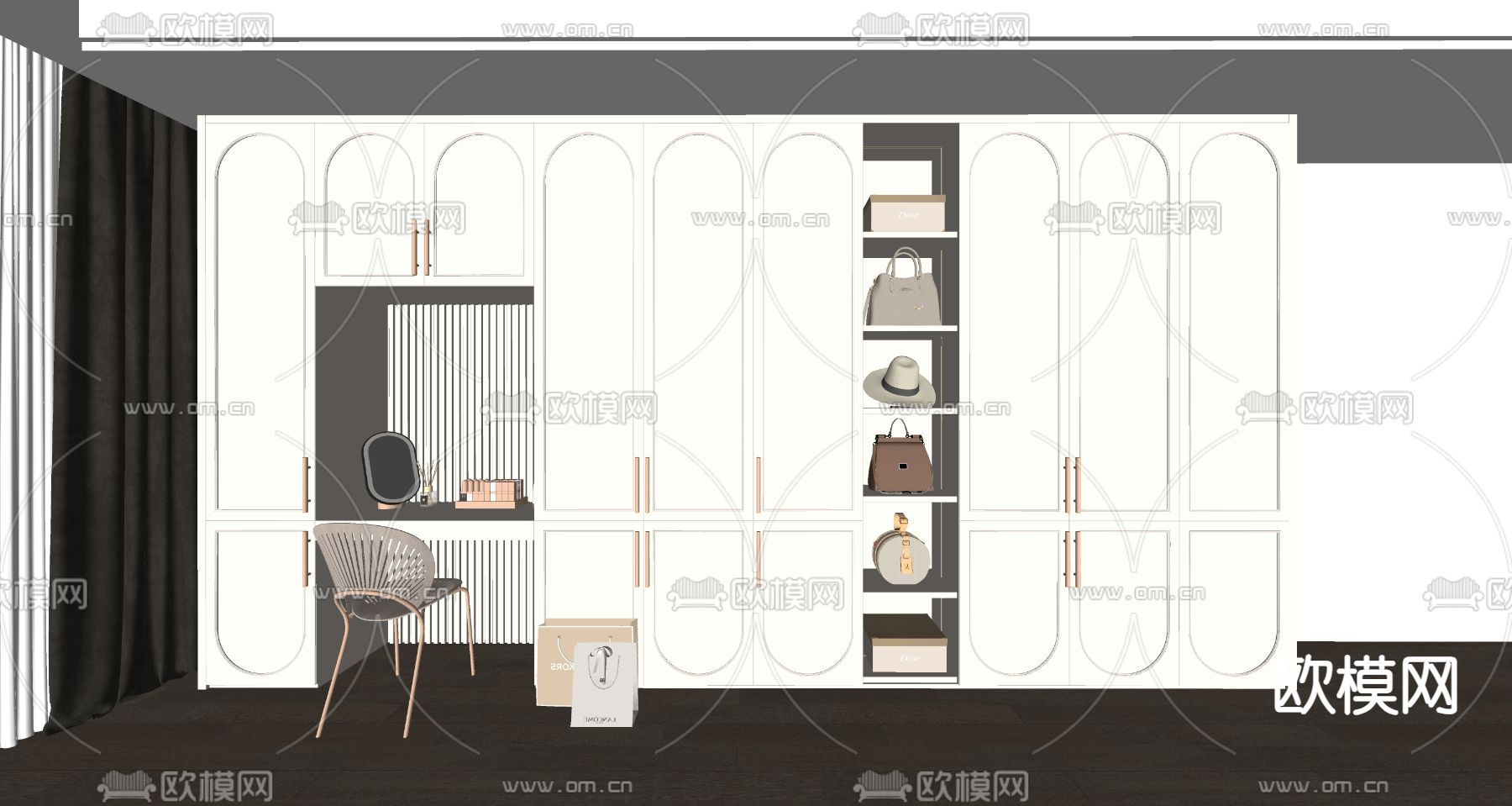 奶油风衣柜su模型下载（渲染图2）