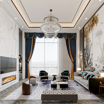  简欧挑空别墅客厅su模型 