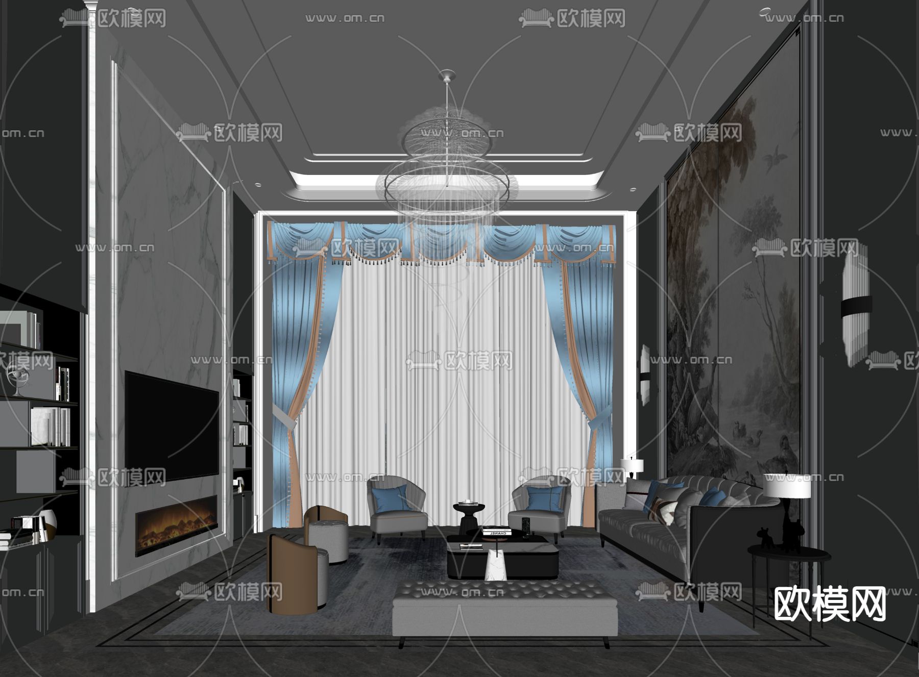 简欧挑空别墅客厅su模型下载（渲染图2）