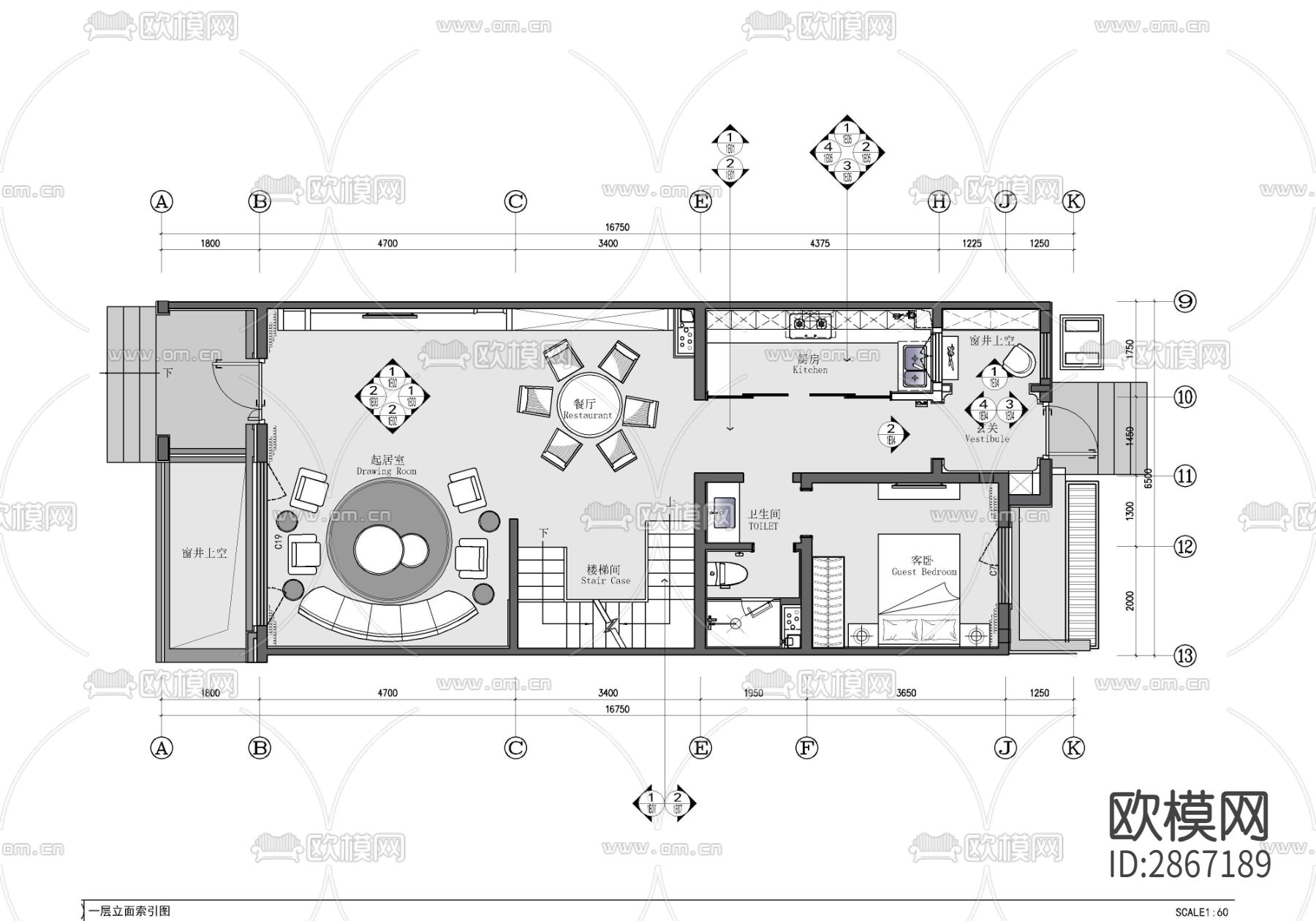 四层小别墅家装CAD施工图下载（渲染图2）