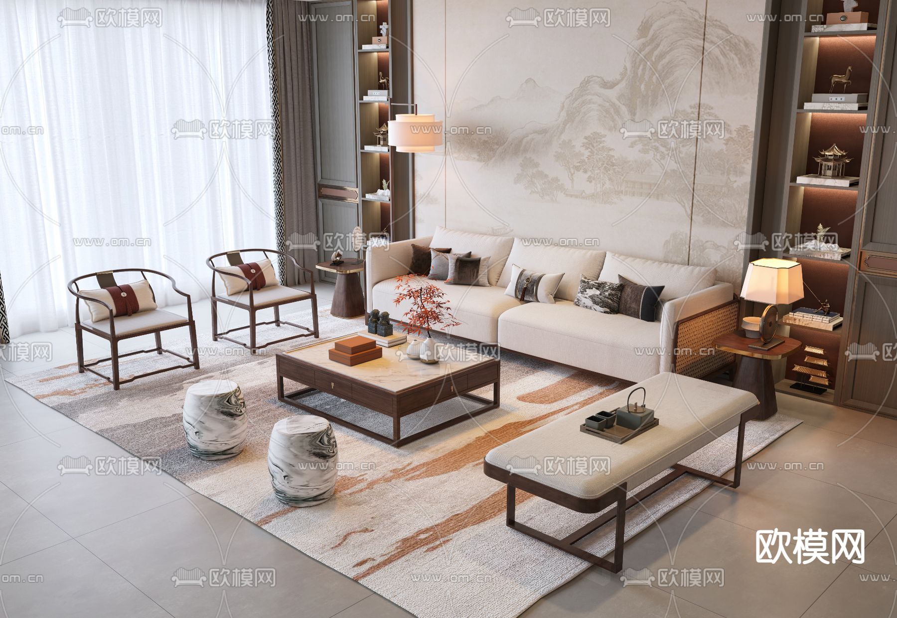 新中式组合沙发3d模型下载